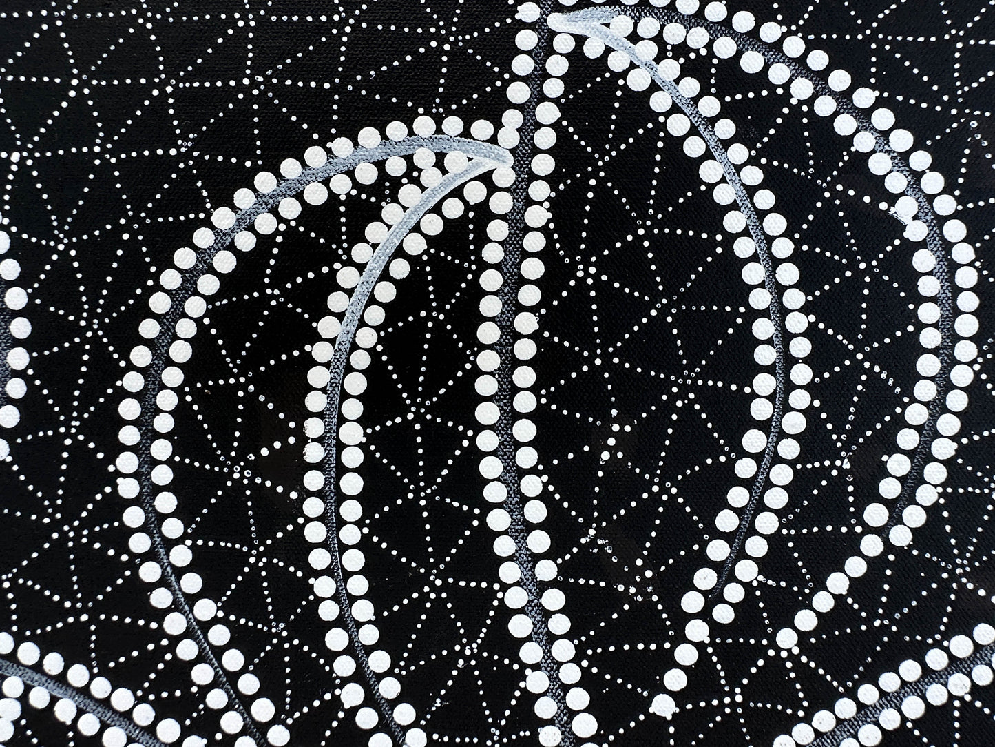 DOREEN DIXON (DICKSON) NAKAMARRA + NGURLU (DAMPER SEED DREAMING)+ Willowra + Wirliyajarrayi + Warlpiri + art for sale + painting for sale + artwork for sale + dot painting + dot art work + black and white + monochromatic + indigenous art + Aboriginal art + Australian art + traditional art + intricate art + unique artwork + darwin based gallery + family owned business + art collector + art story + home decor + interior designer + decor + black and white + monochromatic