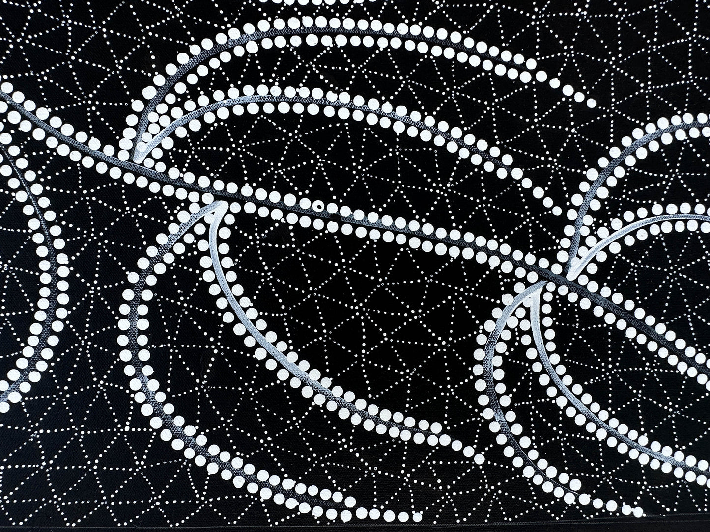 DOREEN DIXON (DICKSON) NAKAMARRA + NGURLU (DAMPER SEED DREAMING)+ Willowra + Wirliyajarrayi + Warlpiri + art for sale + painting for sale + artwork for sale + dot painting + dot art work + black and white + monochromatic + indigenous art + Aboriginal art + Australian art + traditional art + intricate art + unique artwork + darwin based gallery + family owned business + art collector + art story + home decor + interior designer + decor + black and white + monochromatic