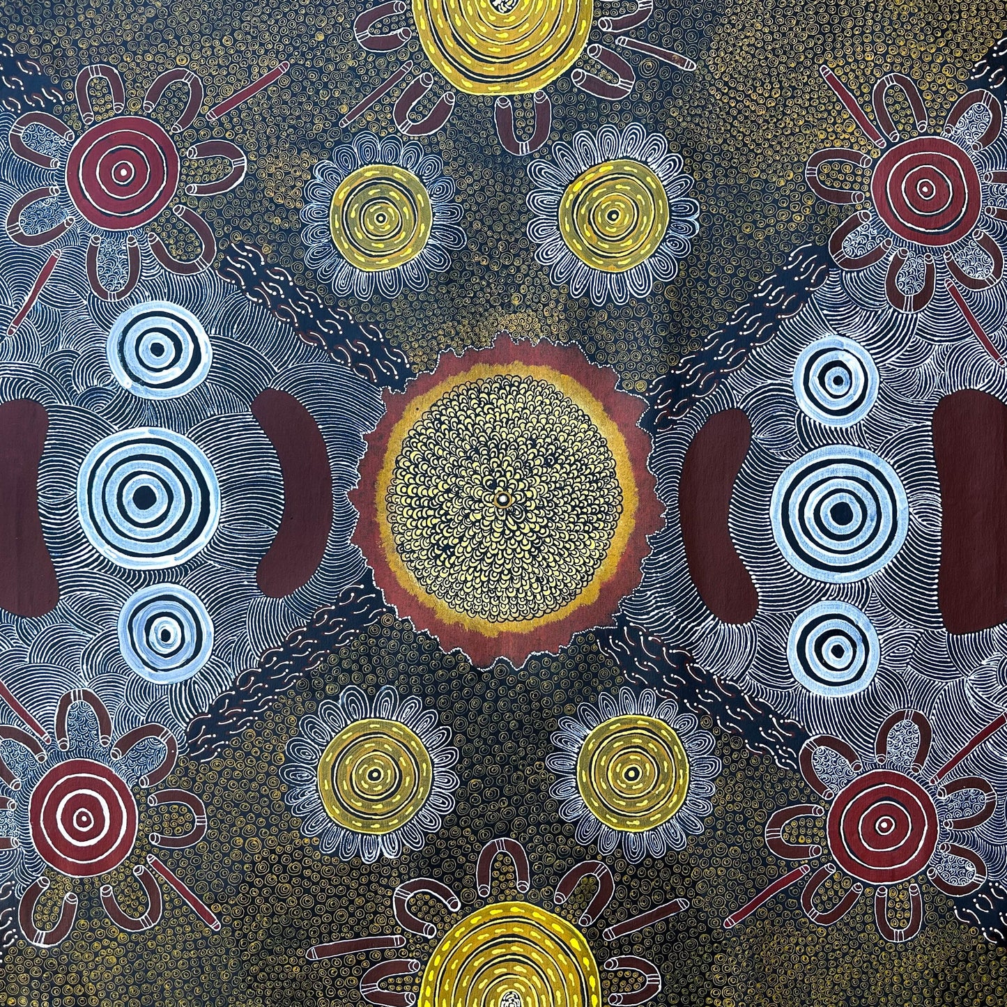 Delores Furber Pultara Napaltjarri + Ltyentye Apurte (Santa Teresa) + Indigenous Art + Aboriginal Art + Australian Art + Painting + Icongraphy + Symbolism + Intricate + Art Story + Traditional Art + Contemporary Art + Darwin Based Gallery