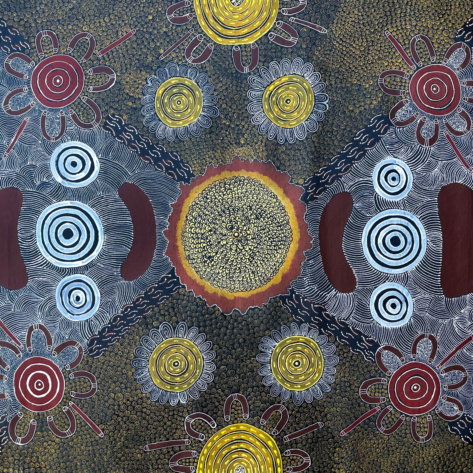 Delores Furber Pultara Napaltjarri + Ltyentye Apurte (Santa Teresa) + Indigenous Art + Aboriginal Art + Australian Art + Painting + Icongraphy + Symbolism + Intricate + Art Story + Traditional Art + Contemporary Art + Darwin Based Gallery