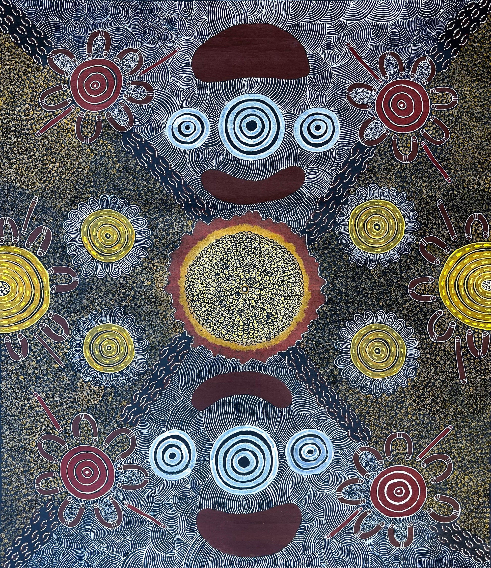 Delores Furber Pultara Napaltjarri + Ltyentye Apurte (Santa Teresa)  + Indigenous Art + Aboriginal Art + Australian Art + Painting + Icongraphy + Symbolism + Intricate + Art Story + Traditional Art + Contemporary Art  + Darwin Based Gallery 