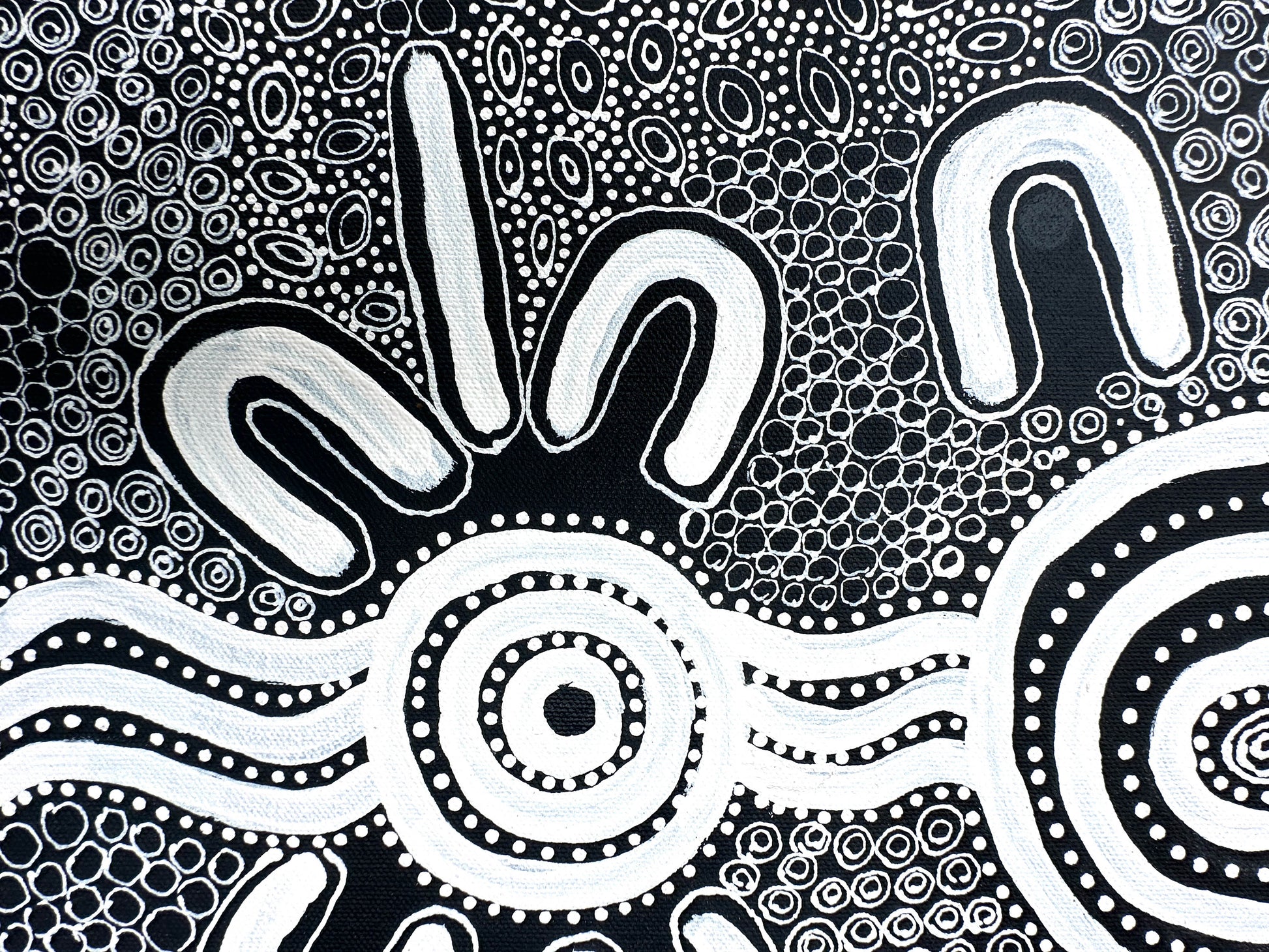 Delores Furber Pultara Napaltjarri + Ltyentye Apurte (Santa Teresa) + Indigenous Art + Aboriginal Art + Australian Art + Painting + Icongraphy + Symbolism + Intricate + Art Story + Traditional Art + Contemporary Art + Darwin Based Gallery + DFP452