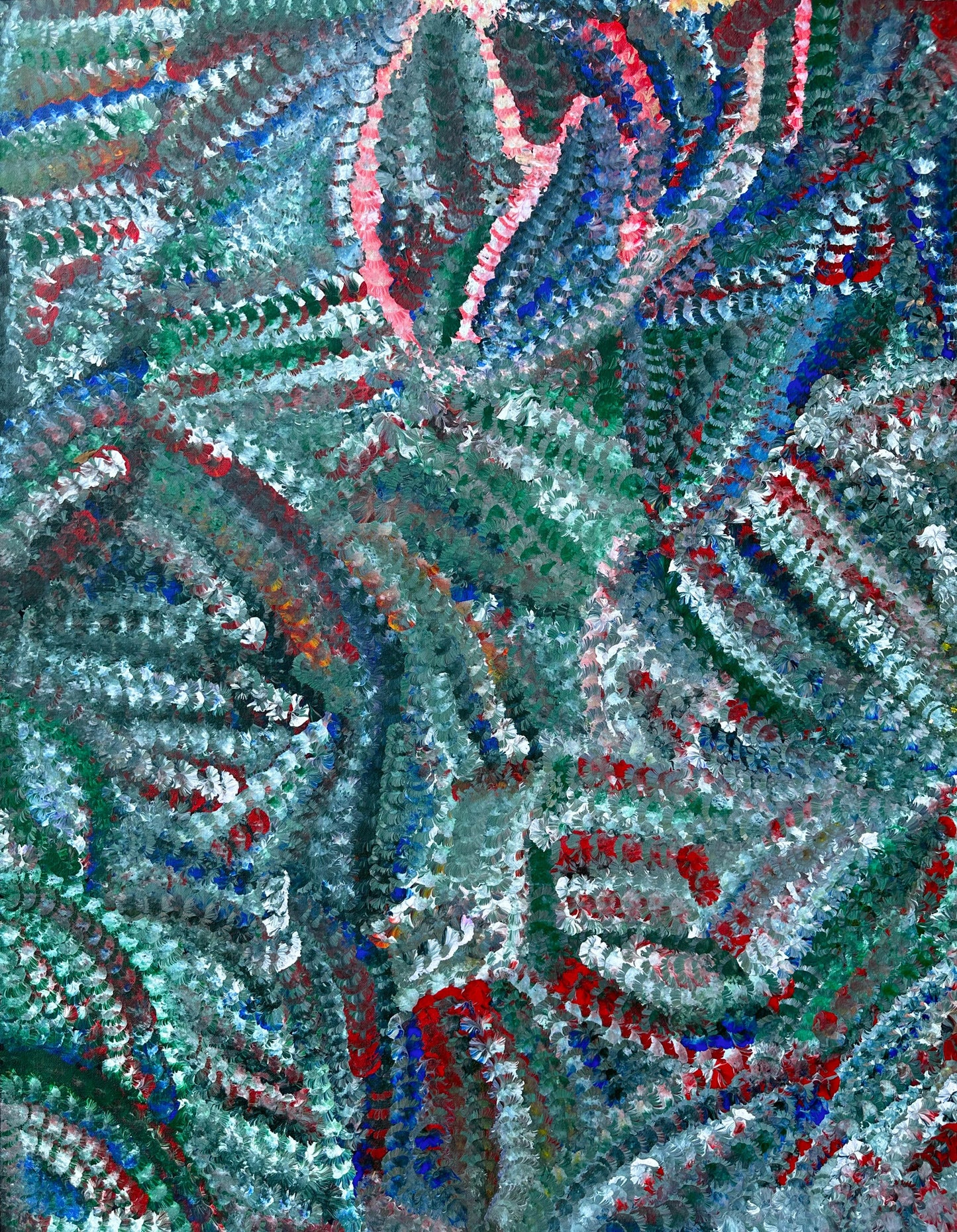 Dolly Mills Petyarre + Utopia + Bush Yam Flowers + Yam Flowers + Contemporary Art + Traditional Art + Darwin Based Galllery + Indigenous Art + Traditional Art + Australian Art + Red + Blue + Green + Pink + White 