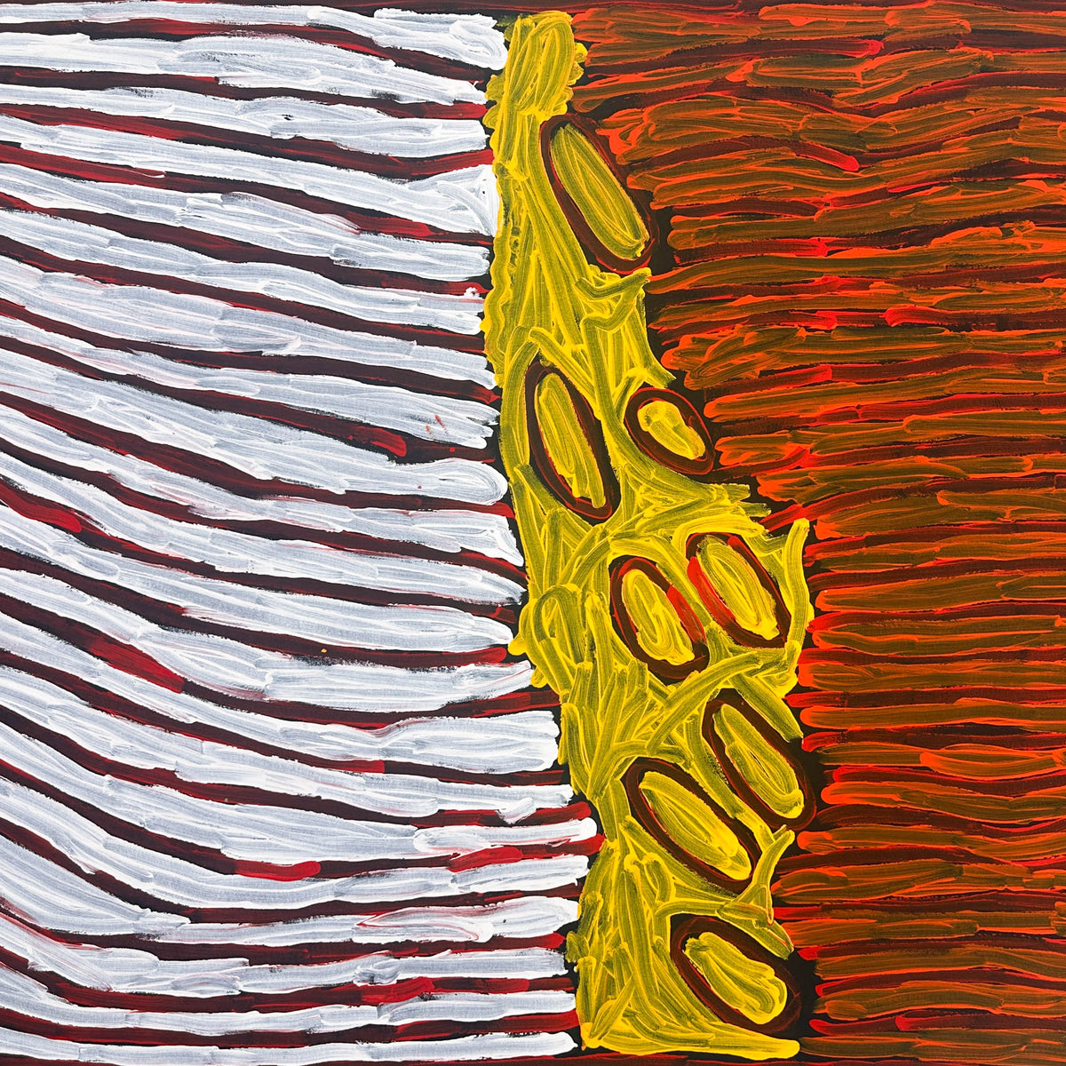 Gracie Nungarrayi Jurrah, Gracie Nungarrayi, My Country, My Country Dreaming, Desert Country, Rockholes, Aerial Perspective, Kintore, Walungurru, Pintupi, Western Desert Art, Northern Territory, Aboriginal Art, Aboriginal Artist, Aboriginal Art for Sale, Indigenous Art, Indigenous Artist, Australian Art, Contemporary Aboriginal Art, Female Artist, Acrylic on Linen, Original Artwork, Art for Sale, Collectable Art, Art Gallery, Darwin Gallery, Altyerre Aboriginal Art, Art, Interior Design, Wall Art
