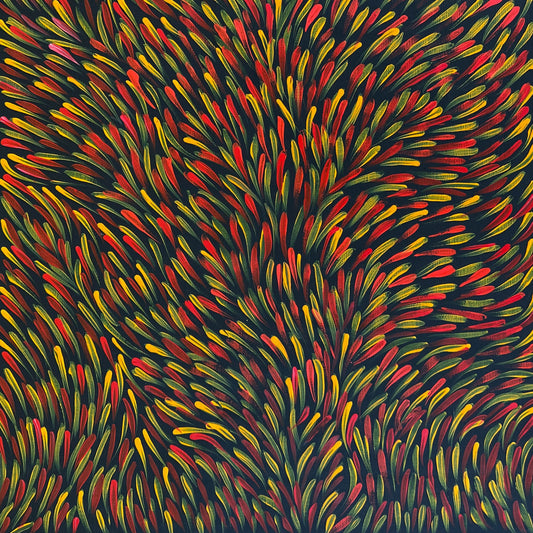Gloria Tamerre Petyarre + Utopia + Indigenous Art + Aboriginal Art + Australian Art + Bush Medicine Leaves + Orange + Red + Leaves + Contemporary Art + Bush Survival + Darwin Based Art + Family Owned Gallery