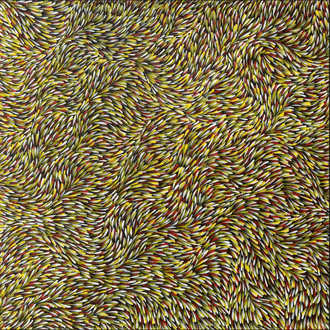 Gloria Tamerre Petyarre Bush Medicine Leaves Utopia Movement Contemporary Bush Medicine Indigenous Art Aboriginal Art Australian Art Art Gallery Red Yellow White Masterpiece Altyerre Aboriginal Art Painting