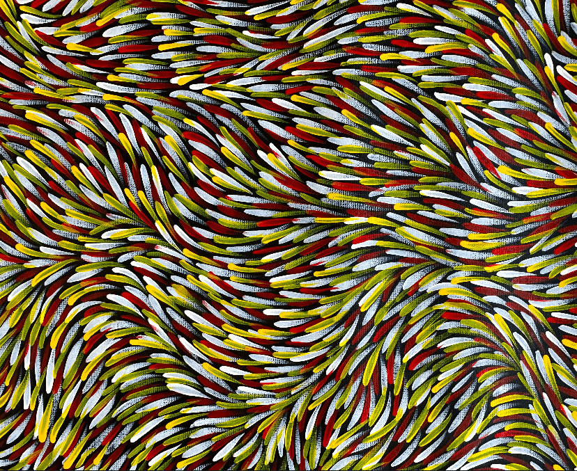 Gloria Tamerre Petyarre Bush Medicine Leaves Utopia Movement Contemporary Bush Medicine Indigenous Art Aboriginal Art Australian Art Art Gallery Red Yellow White Masterpiece Altyerre Aboriginal Art Painting