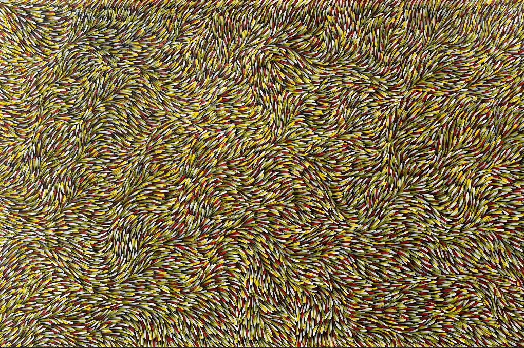 Gloria Tamerre Petyarre Bush Medicine Leaves Utopia Movement Contemporary Bush Medicine Indigenous Art Aboriginal Art Australian Art Art Gallery Red Yellow White Masterpiece Altyerre Aboriginal Art Painting