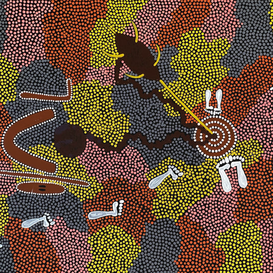 Isobel Hagan Nungarrayi + Yuelamu + Mt Allen +Indigenous Art + Aboriginal Art + Australian Art + Art Gallery + Art for Sale + Painting for sale + Dot Painting + dot art work + trradtional art + yellow + orange + grey + white + brown + footprints + darwin based gallery + family owned gallery + 
