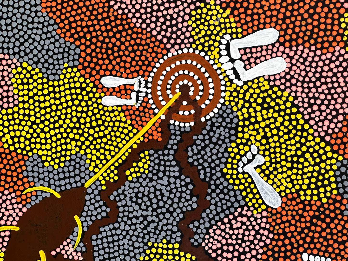 Isobel Hagan Nungarrayi + Yuelamu + Mt Allen +Indigenous Art + Aboriginal Art + Australian Art + Art Gallery + Art for Sale + Painting for sale + Dot Painting + dot art work + trradtional art + yellow + orange + grey + white + brown + footprints + darwin based gallery + family owned gallery +