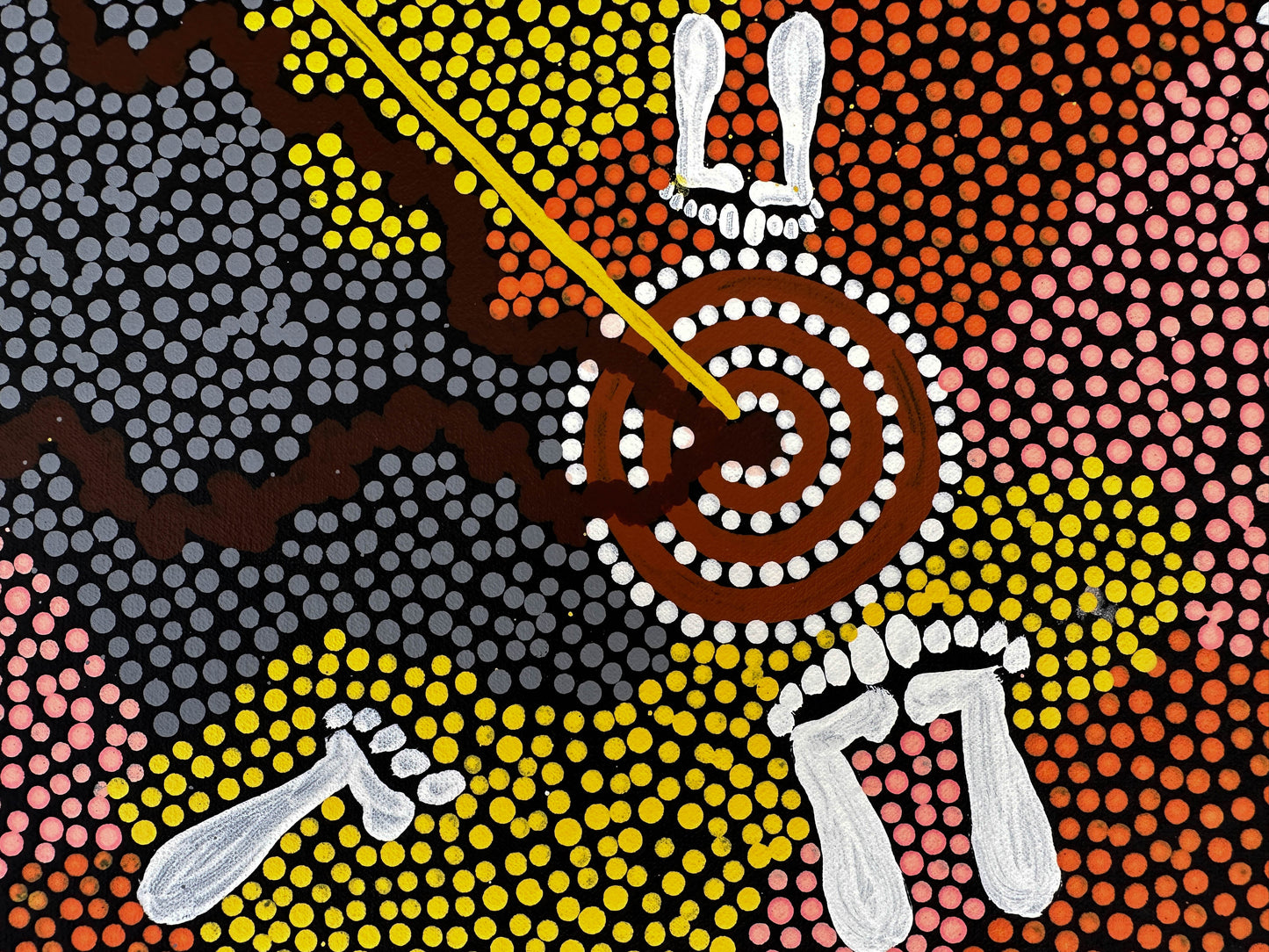 Isobel Hagan Nungarrayi + Yuelamu + Mt Allen +Indigenous Art + Aboriginal Art + Australian Art + Art Gallery + Art for Sale + Painting for sale + Dot Painting + dot art work + trradtional art + yellow + orange + grey + white + brown + footprints + darwin based gallery + family owned gallery +