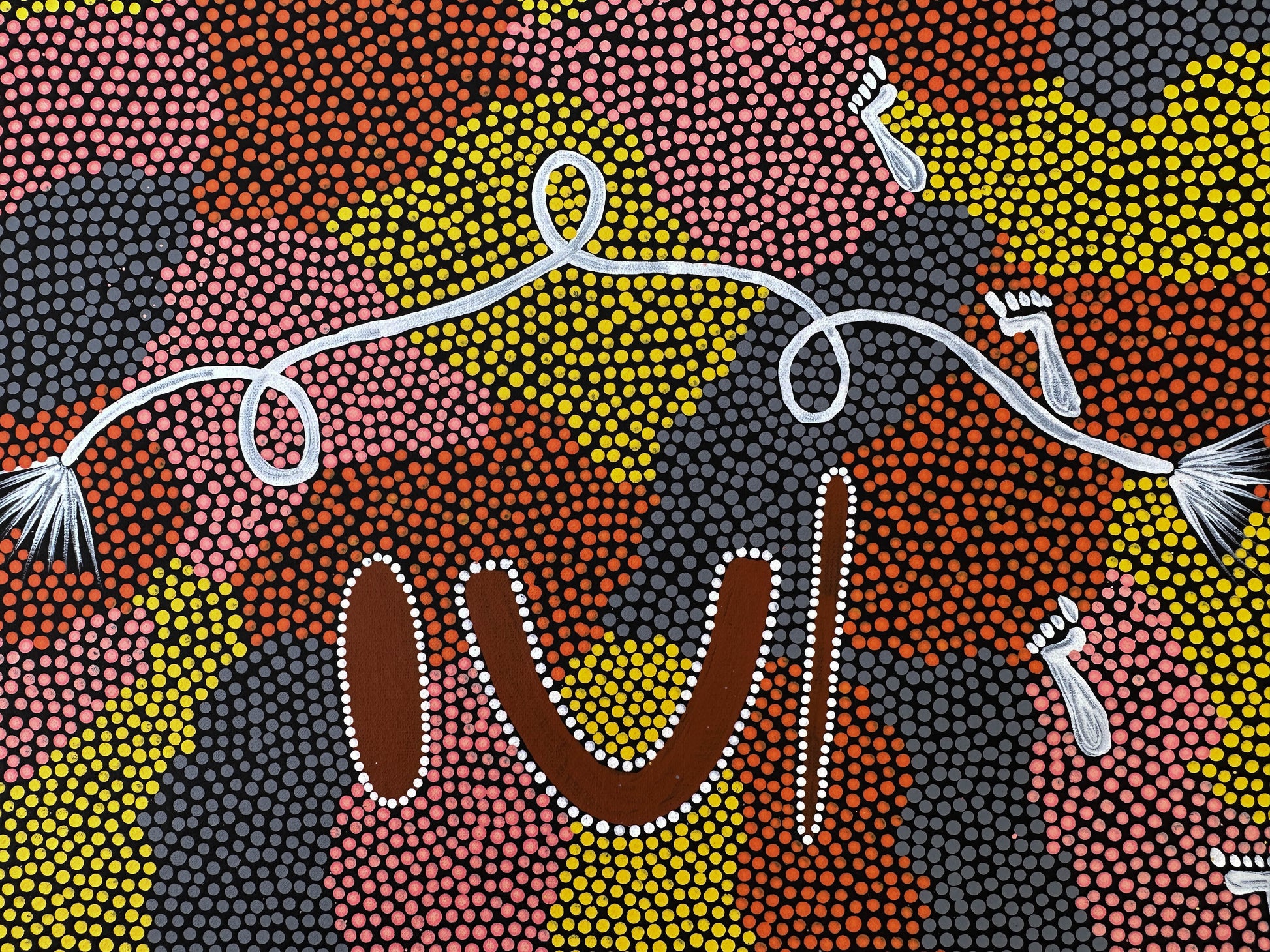 Isobel Hagan Nungarrayi + Yuelamu + Mt Allen +Indigenous Art + Aboriginal Art + Australian Art + Art Gallery + Art for Sale + Painting for sale + Dot Painting + dot art work + trradtional art + yellow + orange + grey + white + brown + footprints + darwin based gallery + family owned gallery +