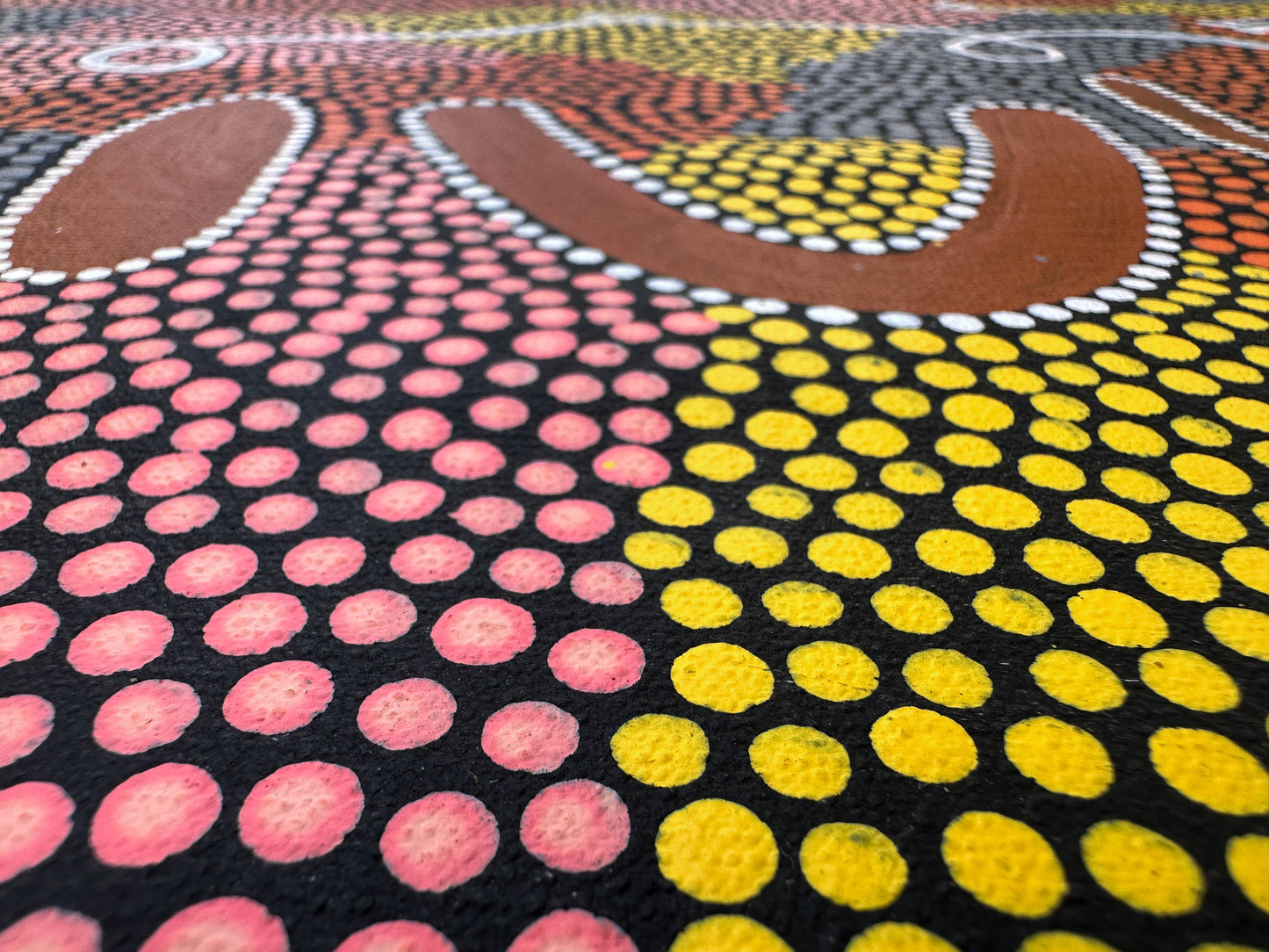 Isobel Hagan Nungarrayi + Yuelamu + Mt Allen +Indigenous Art + Aboriginal Art + Australian Art + Art Gallery + Art for Sale + Painting for sale + Dot Painting + dot art work + trradtional art + yellow + orange + grey + white + brown + footprints + darwin based gallery + family owned gallery +