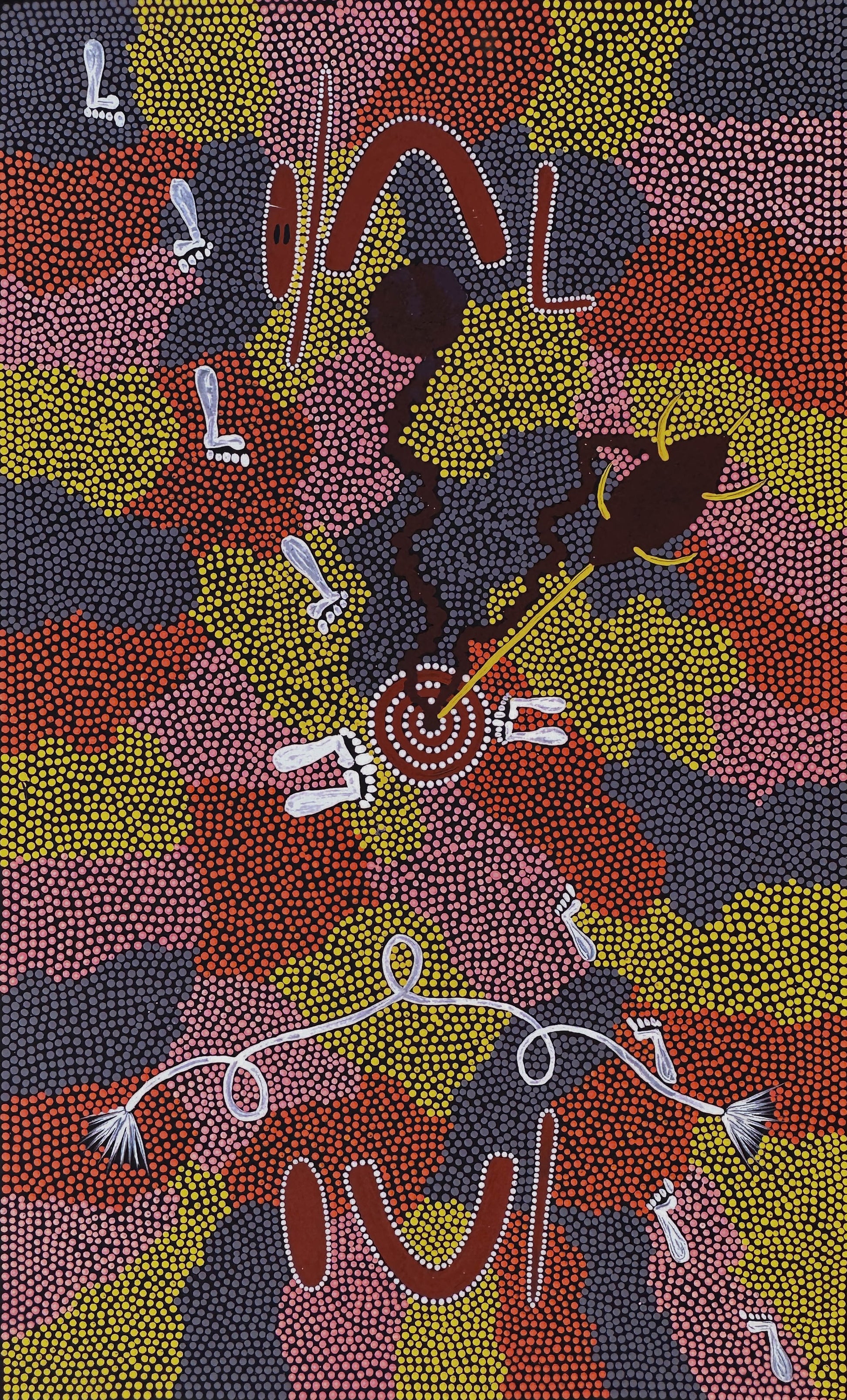 Isobel Hagan Nungarrayi + Yuelamu + Mt Allen +Indigenous Art + Aboriginal Art + Australian Art + Art Gallery + Art for Sale + Painting for sale + Dot Painting + dot art work + trradtional art + yellow + orange + grey + white + brown + footprints + darwin based gallery + family owned gallery +