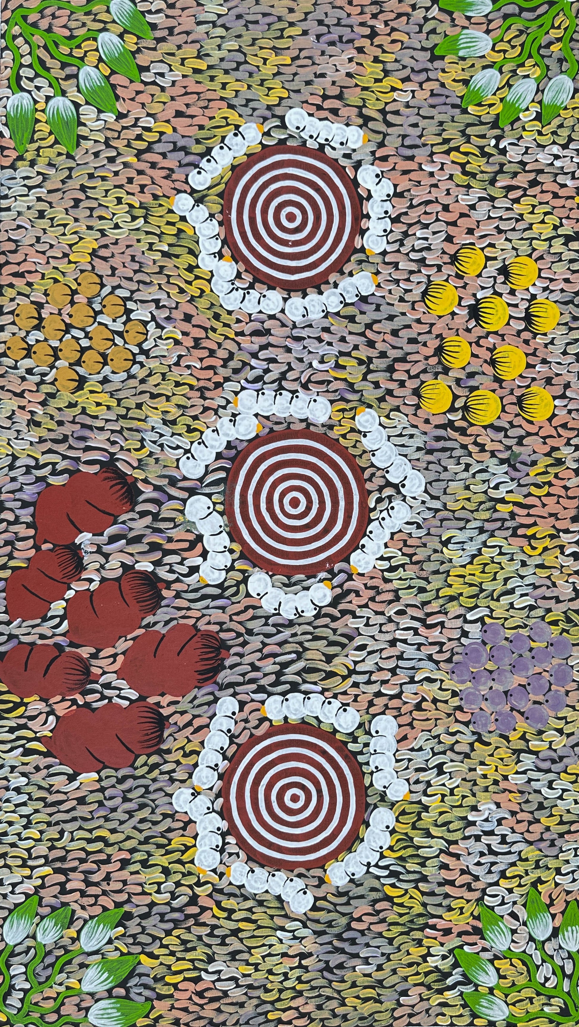 Julie Napaltjarri Dempsey + Papunya + indigenous art + Aboriginal art + australian art + bush tucker + bush foods + altyerre aboriginal art + art for sale + painting for sale + darwin based art gallery +