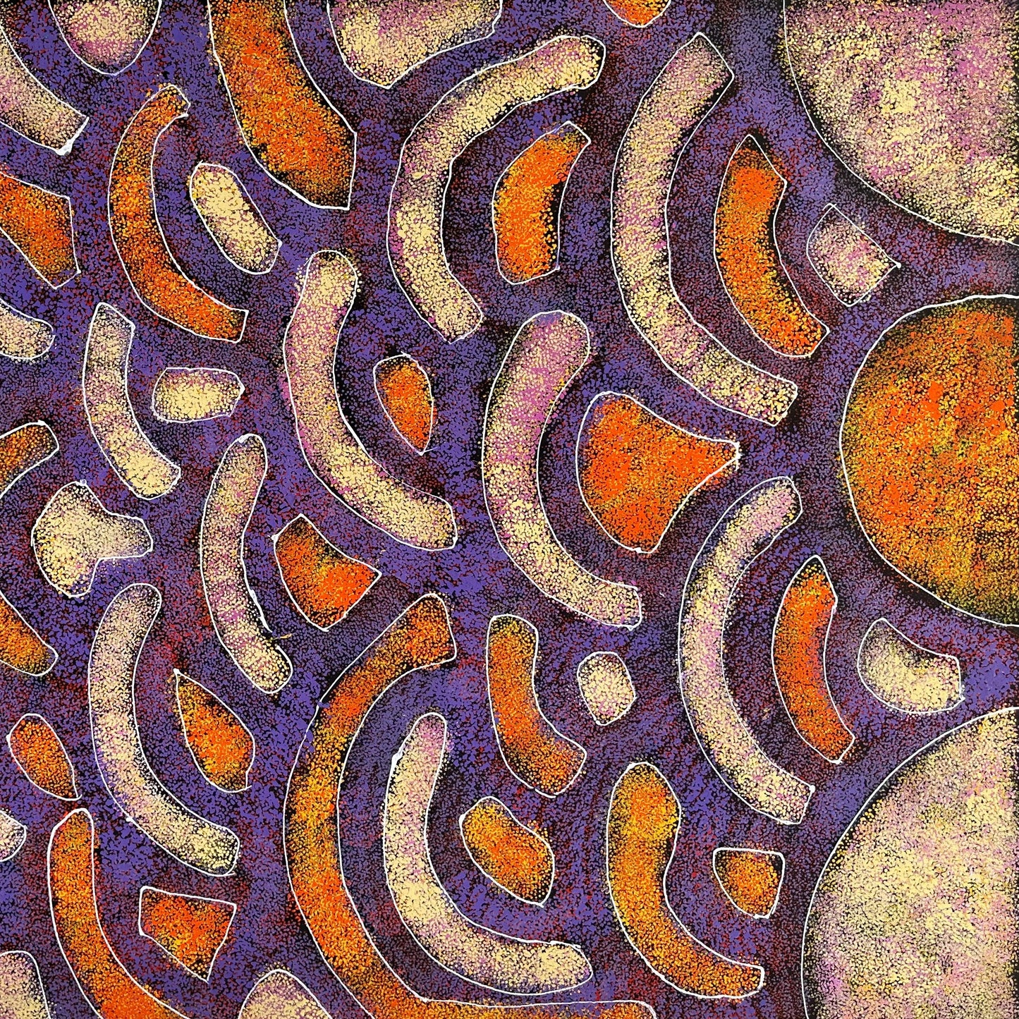 Janet Golder Kngwarreye Awelye Body Paint Women's Ceremony Purple Orange Utopia Indigenous art Aboriginal Art Australian Art female artist Contemporary art Dot art traditional art