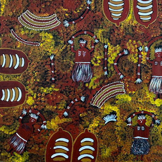 Janet Golder Kngwarreye + Aweley + Aweyle + Indigneous Art + Aboriginal Art + Australian Art + Darwin Based Gallery + Women's Ceremony + Traditional Art + Ochre Colours + Utopia + Art Work + Painting + Janet Golder Ngwarai