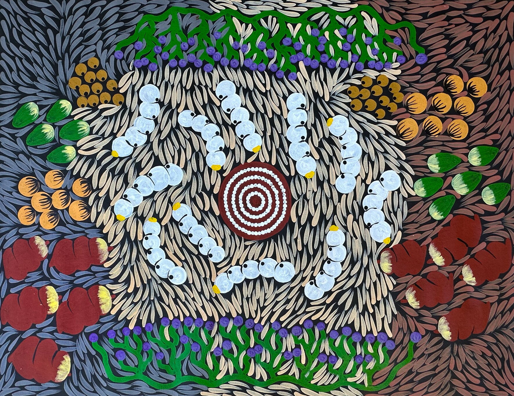 Julie Napaltjarri Dempsey Bush Tucker Papunya Aboriginal Art Indigenous Art Australian Art Bush Food Painting Dot Art