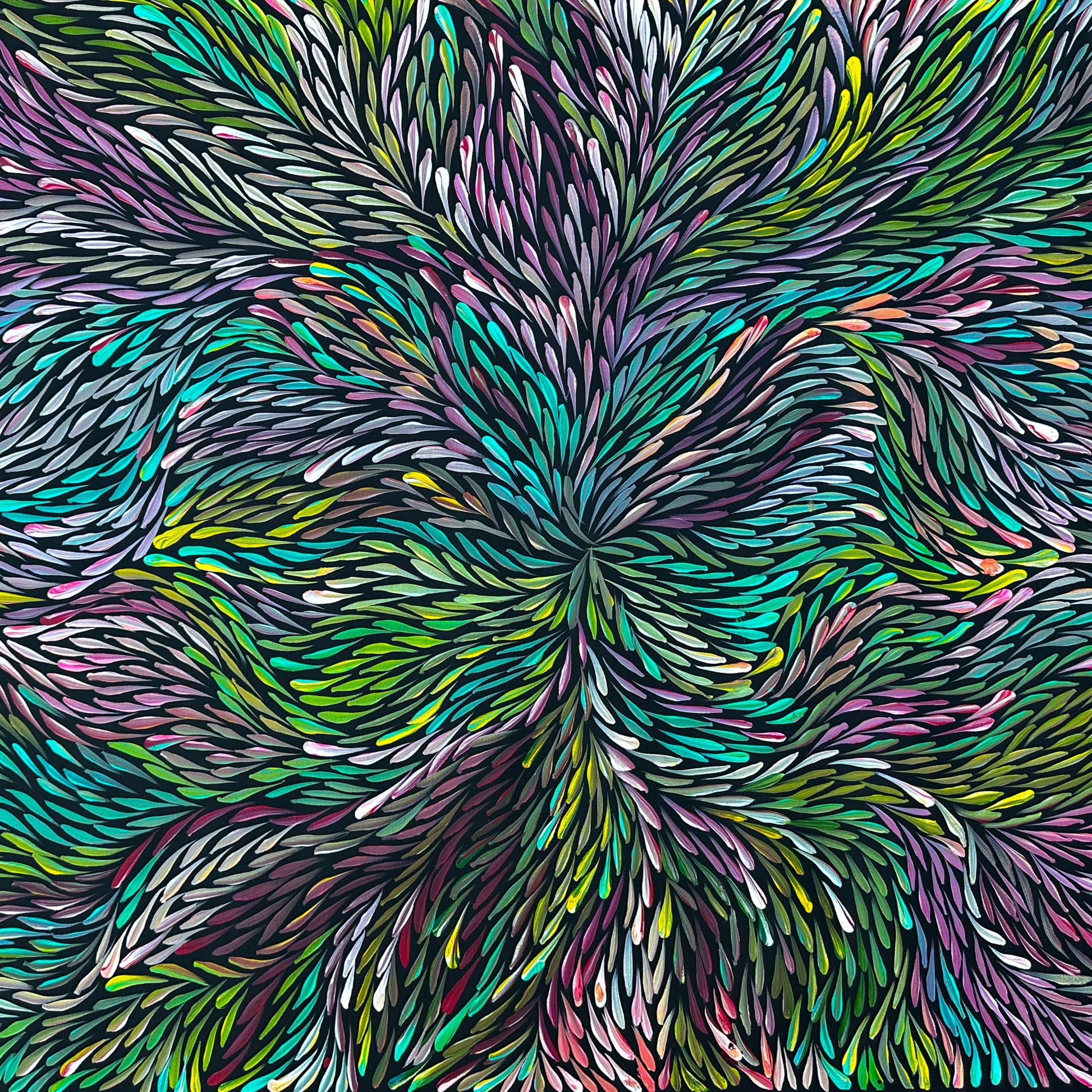 Jeannie Pitjara Petyarre Bush Medicine Leaves Contemporary Art Indigenous Art Aboriginal Art Australian Art Blue Purple Yellow Colour Utopia 