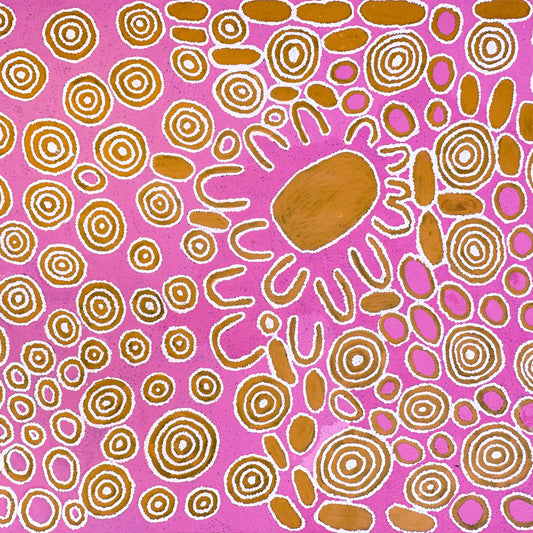 Janie Ward Nakamarra + Gibson Desert + Western Australia + My County + Indigenous Art + Aboriginal Art + Australian Art + Darwin Based Gallery + Traditional Art + Iconography + symbolism + Circles + Pink + Art Story 