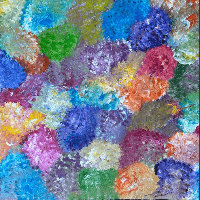 Jeannie Pitjara Petyarre Yam Flowers Indigenous Art Aboriginal Art Australian Art Colourful Blue Green Purple Painting Contemporary Art Painting