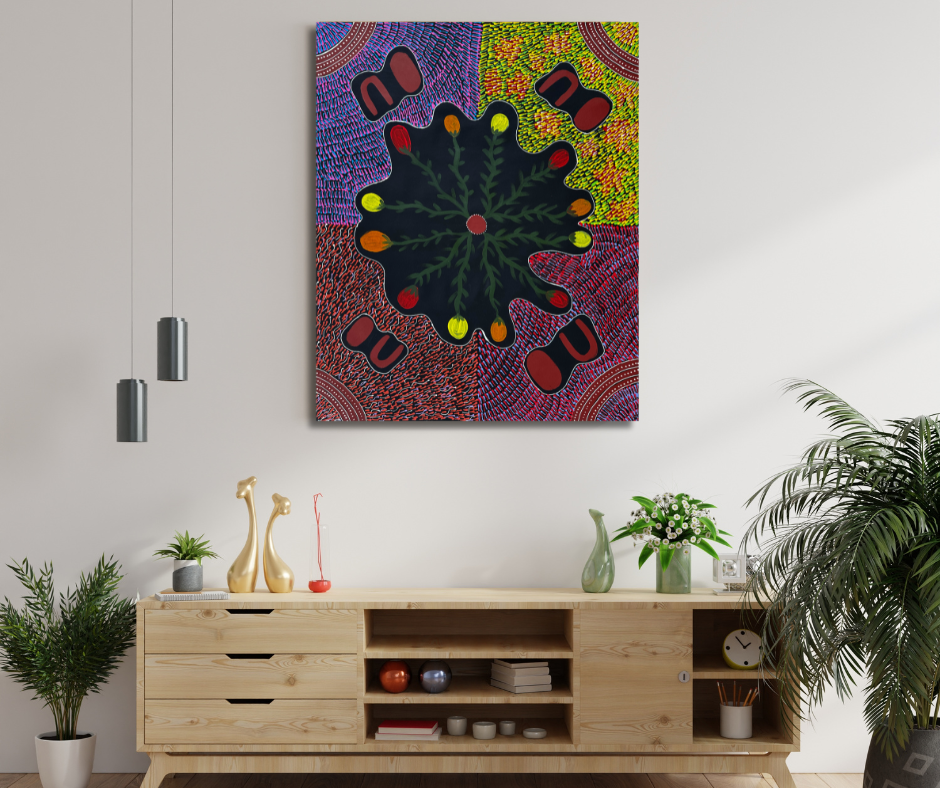 Jessie Bird Nangala Ngale + Utopia + Colourful art + Traditional art + Aboriginal art + Indigenous Art + Bush Tucker + Bush Food + Darwin Based Gallery + Iconography + Symbolism + Dreaming + Darwin Based Gallery 