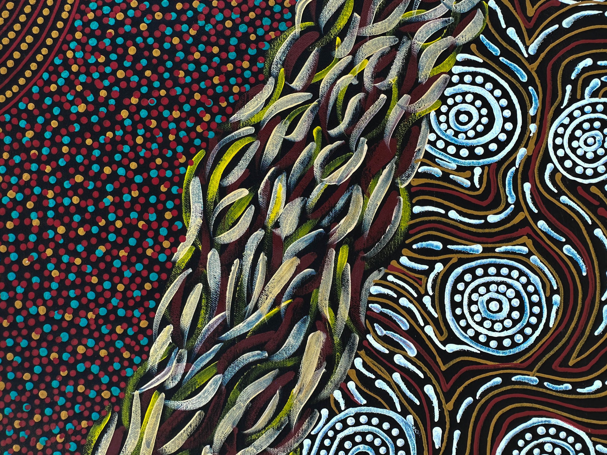 Karen Bird Nangala Ngale + Indigenous Art + Aboriginal Art + Australian Art + Art for sale + Painting for sale + Iconography + Symbolism + Dot Art + Alpar Seeds + Dreaming + Aboriginal Dreaming + Contemporary Art+ traditional Art + Darwin Based Gallery + Art Collector + Utopia + Utopian art