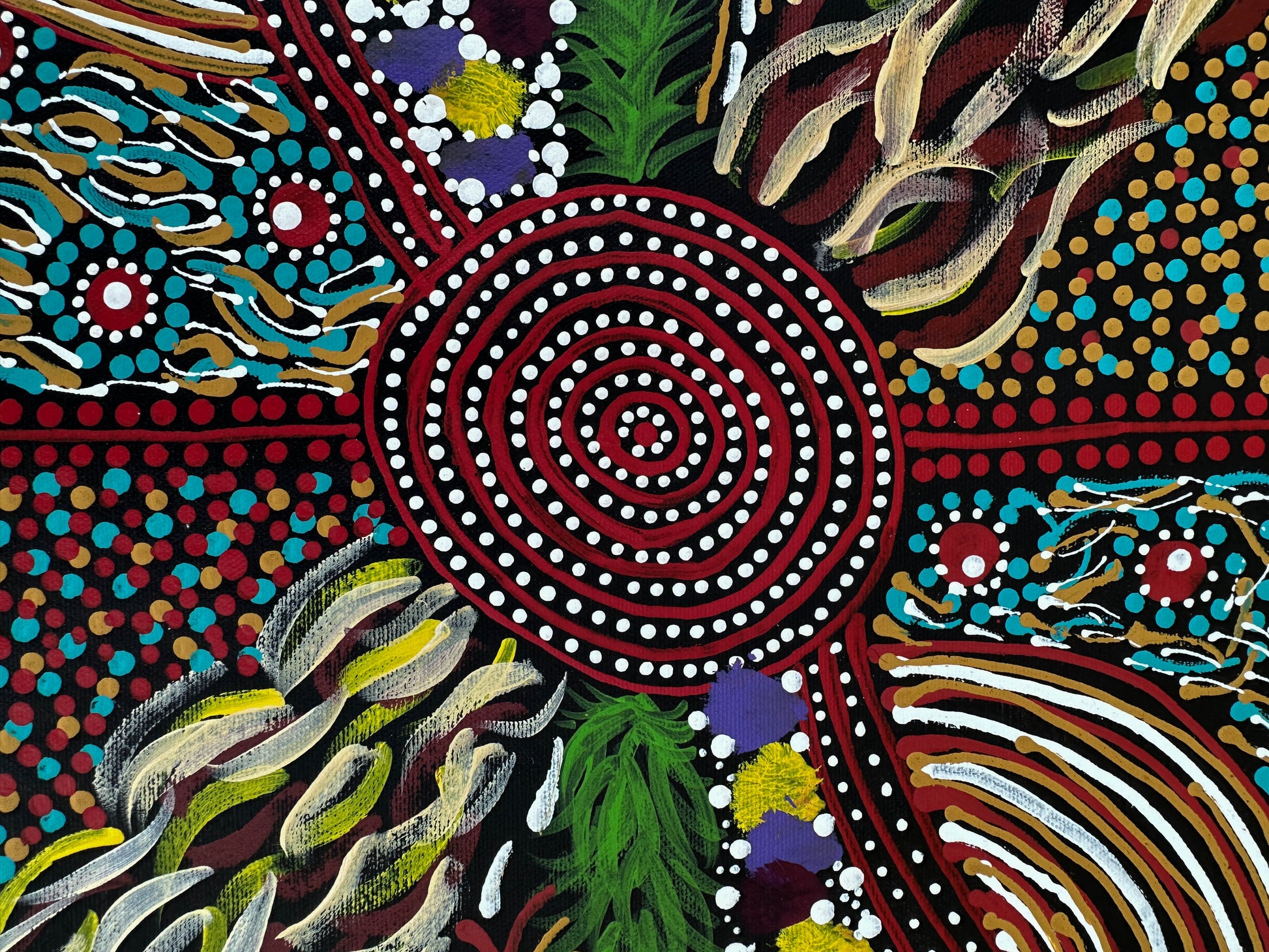 Karen Bird Nangala Ngale + Indigenous Art + Aboriginal Art + Australian Art + Art for sale + Painting for sale + Iconography + Symbolism + Dot Art + Alpar Seeds + Dreaming + Aboriginal Dreaming + Contemporary Art+ traditional Art + Darwin Based Gallery + Art Collector + Utopia + Utopian art
