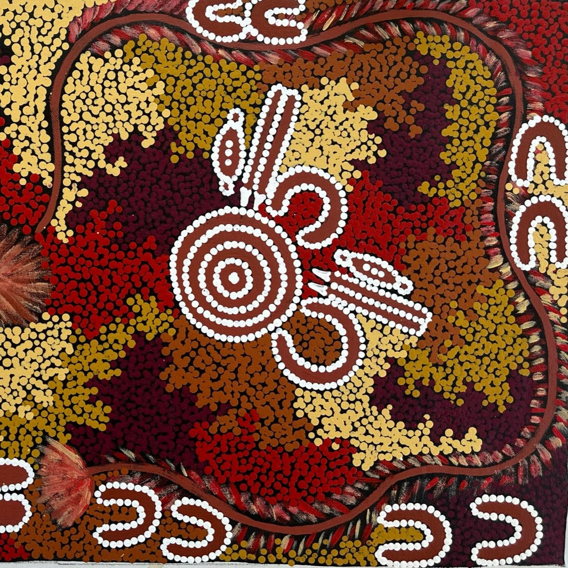 Lynette Granites Nampijinpa Warlpiri Yuendumu Indigenous Art Aboriginal Art Australian Art Bush Fire Dreaming Two Men West of Yuendumu Dot Art Iconography Symbolism Traditional Art Painting 