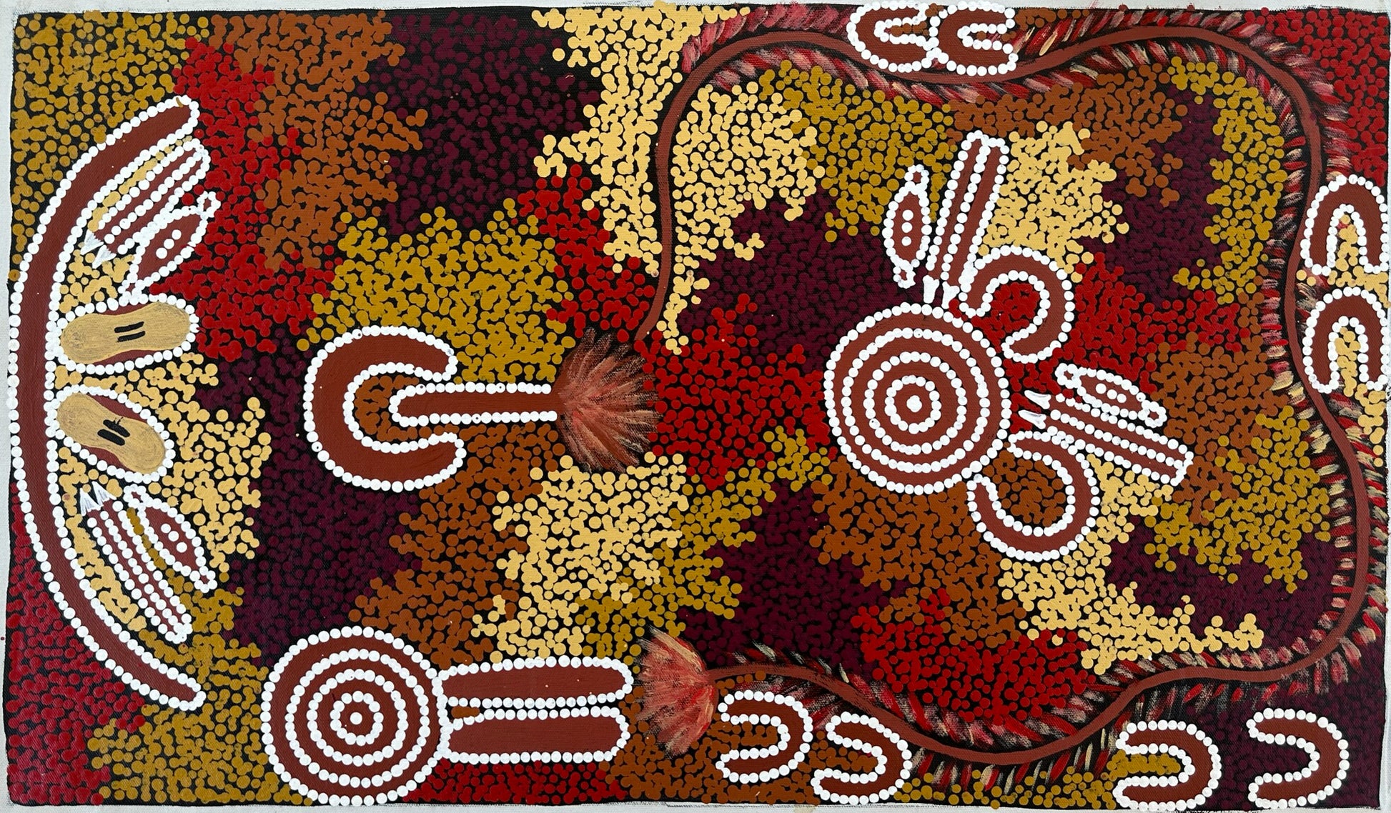 Lynette Granites Nampijinpa Warlpiri Yuendumu Indigenous Art Aboriginal Art Australian Art Bush Fire Dreaming Two Men West of Yuendumu Dot Art Iconography Symbolism Traditional Art Painting 