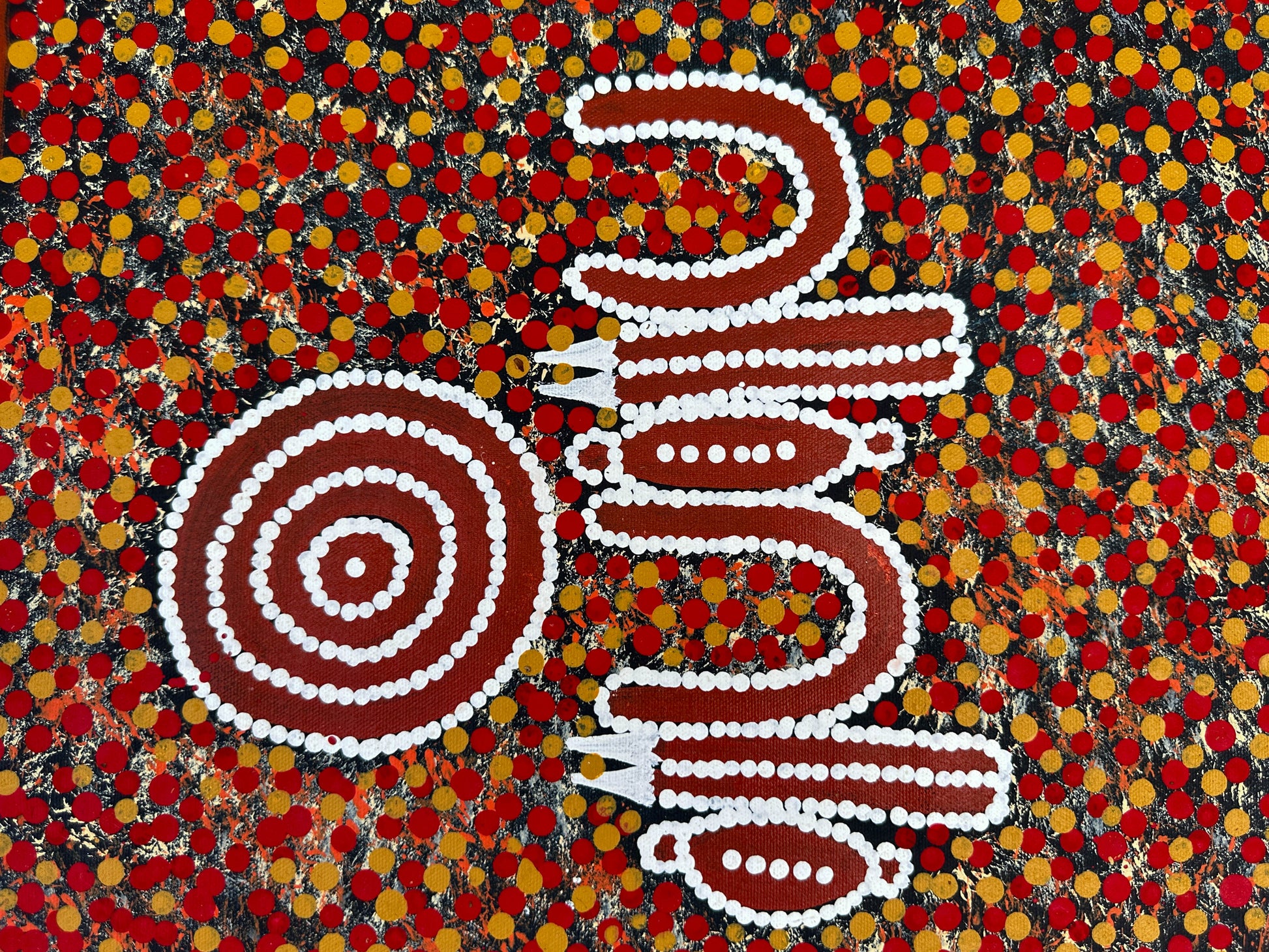 Lynette Granites Nampijinpa + Yuendumu + Northern Territory + Art + Painting + art for sale + painting for sale + indigenous art + Aboriginal art + Australian art + dot art work + dot painting + traditional art + iconography + symbolism + ochre colours + darwin based gallery + Family business + art gallery + art work