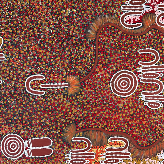 Lynette Granites Nampijinpa + Yuendumu + Northern Territory + Art + Painting + art for sale + painting for sale + indigenous art + Aboriginal art + Australian art + dot art work + dot painting + traditional art + iconography + symbolism + ochre colours + darwin based gallery + Family business + art gallery + art work 