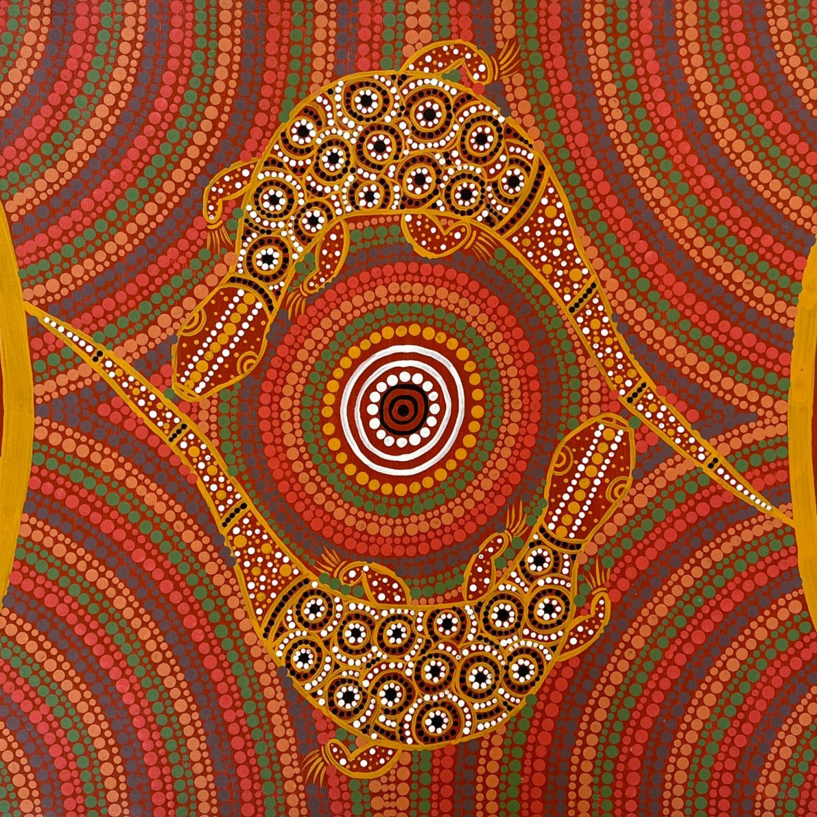 Linda Nakamaraa Quinn Two Goanna's Mating Indigenous Art Aboriginal Art Australian Art Dot Painting Orche Colour