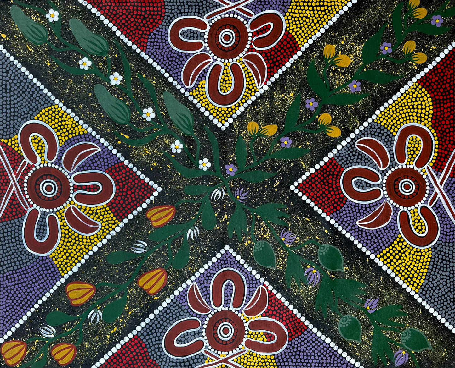 Linda Nakamarra Quinn + Bush Wild Passionfruit + Indigenous Art + Aboriginal Art + Indigenous Art + Australian Art + Dot Art Painting + Darwin Based Gallery + Contemporary Traditional Art Painting + Iconography + Symbolism + Art Story + Interior Design + Culture
