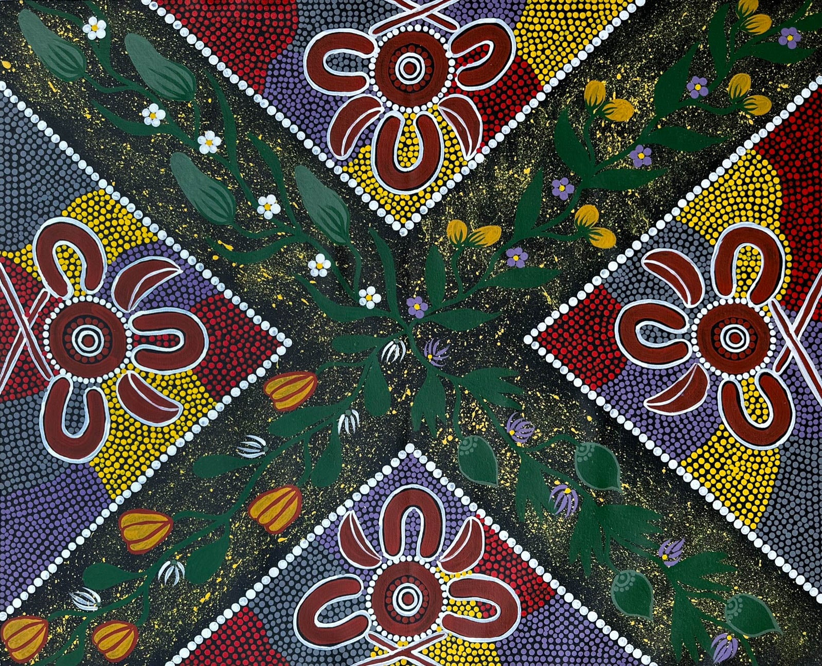 Linda Nakamarra Quinn + Bush Wild Passionfruit + Indigenous Art + Aboriginal Art + Indigenous Art + Australian Art + Dot Art Painting + Darwin Based Gallery + Contemporary Traditional Art Painting + Iconography + Symbolism + Art Story + Interior Design + Culture