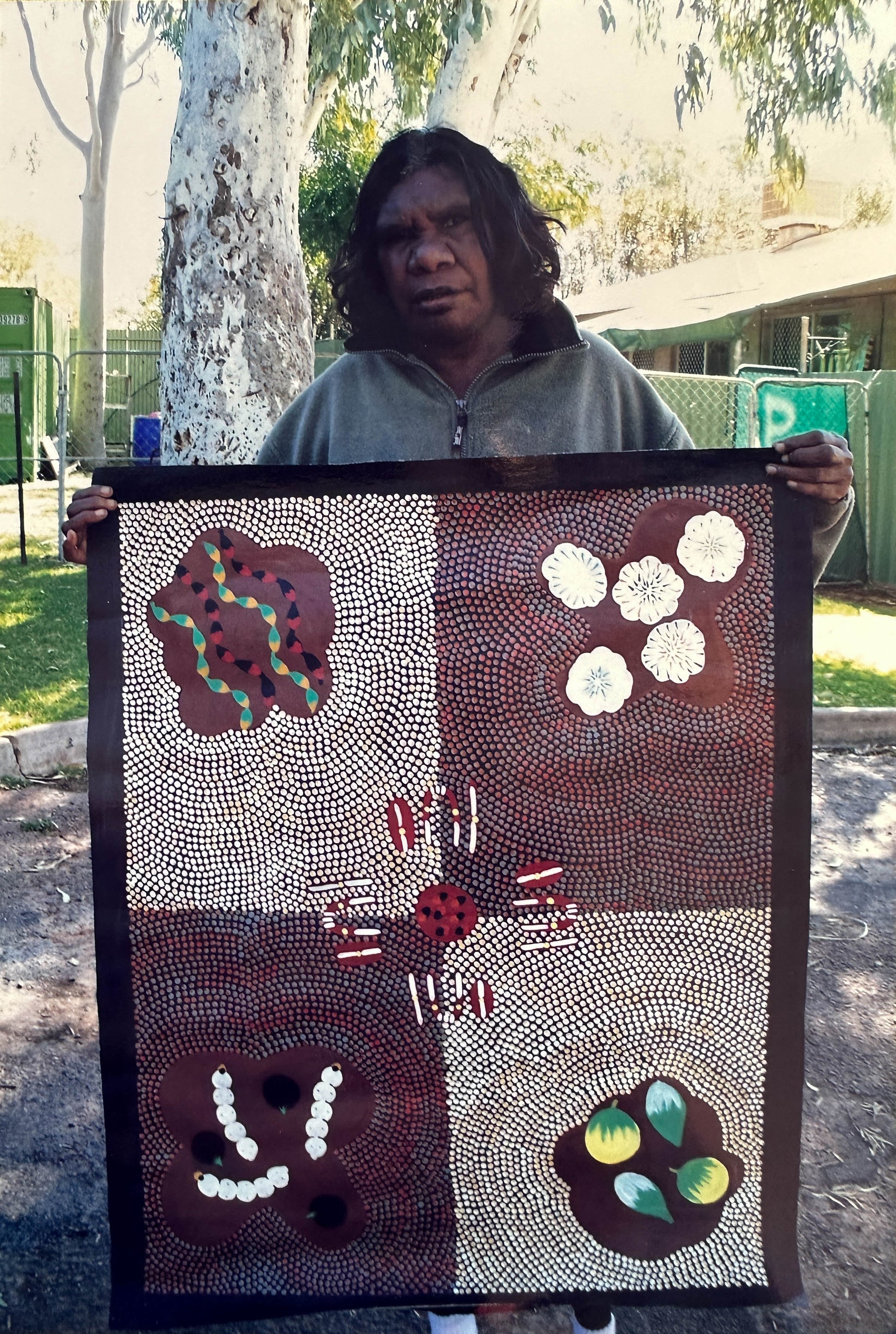 Willowra + Northern Territory + Mary Ross Nabarula + Witchetty Grub + Bush Plum + Bush Bean + Bush Banana + Bush Tomato + Bush Cotton Wool + Indigenous Art + Dot Art + Traditional Art + Australian Art + Aboriginal Art + Ochre Colours + Iconography + Symbolism + Bush Tucker + Art Story