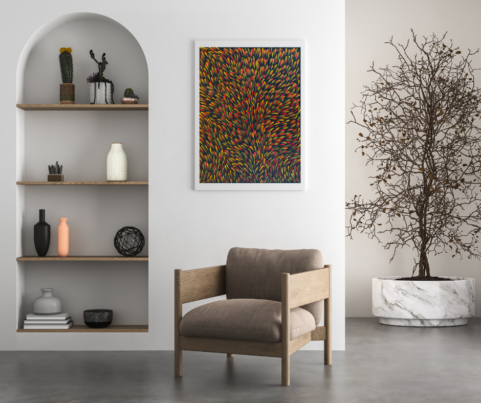 Gloria Tamerre Petyarre + Utopia + Indigenous Art + Aboriginal Art + Australian Art + Bush Medicine Leaves + Orange + Red + Leaves + Contemporary Art + Bush Survival + Darwin Based Art + Family Owned Gallery