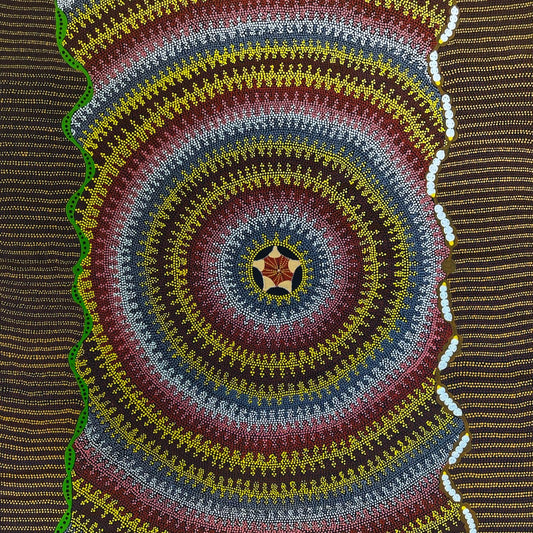 ary Ross Nabarula + Willowra + Dot Art Painting + Dot Artwork + Indigneous Art + Aboriginal Art + Australian Art + Darwin Based Gallery + Witchetty Grub + Bush Berries + Yellow + Traditional Art + Aboriginal Culture