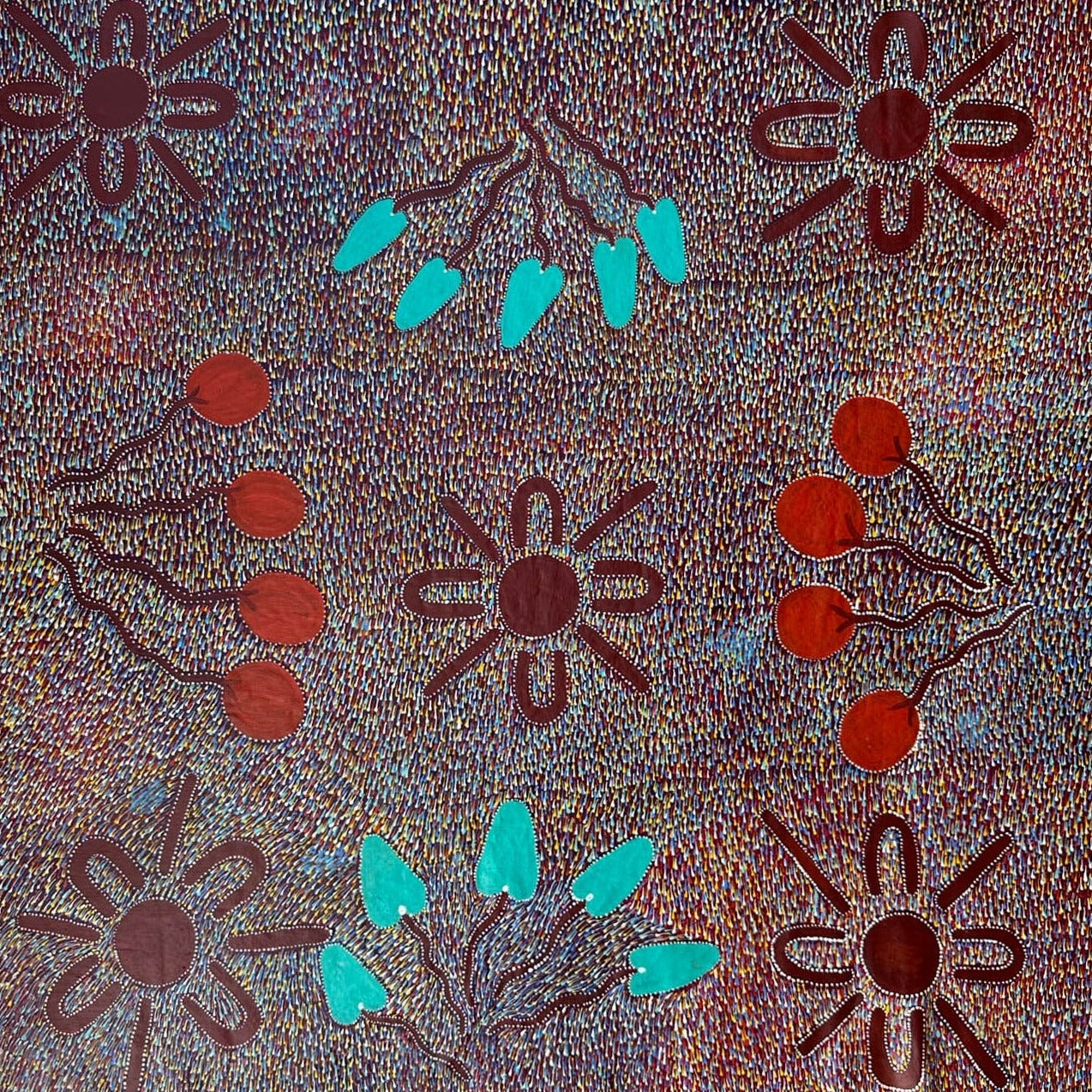 Marlene Rogers Kngwarrey, Marlene Kngwarreye, Marlene Blue + Utopia + Bonya + Female Artist + Darwin Based Gallery + Art for Sale + Painting for Sale + Indigenous Art + Aboriginal Art + Australian Art + Iconography + Bush Banana + Bush Tomato + Unique Traditional Art + Aboriginal Culture + Bush Tucker 