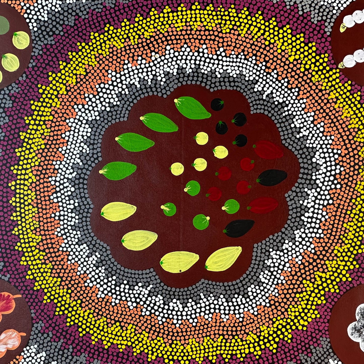 Bush Tucker + bush tomatoes, bush berries, bush potato/yam, witchetty grubs, cotton wool + Mary Ross Nabarula + Willowra + Indigenous Art + Aboriginal Art + Australian Art + Dot Art Painting + Darwin Based Gallery + Bush Survival + traditional art 