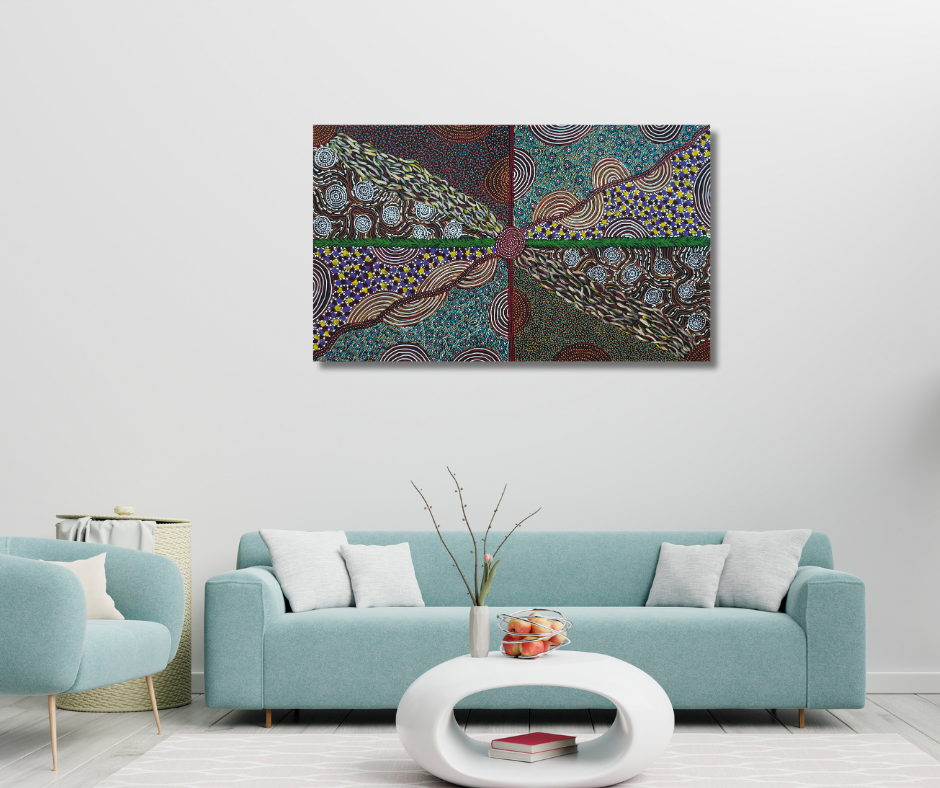 Karen Bird Nangala Ngale + Indigenous Art + Aboriginal Art + Australian Art + Art for sale + Painting for sale + Iconography + Symbolism + Dot Art + Alpar Seeds + Dreaming + Aboriginal Dreaming + Contemporary Art+ traditional Art + Darwin Based Gallery + Art Collector + Utopia + Utopian art