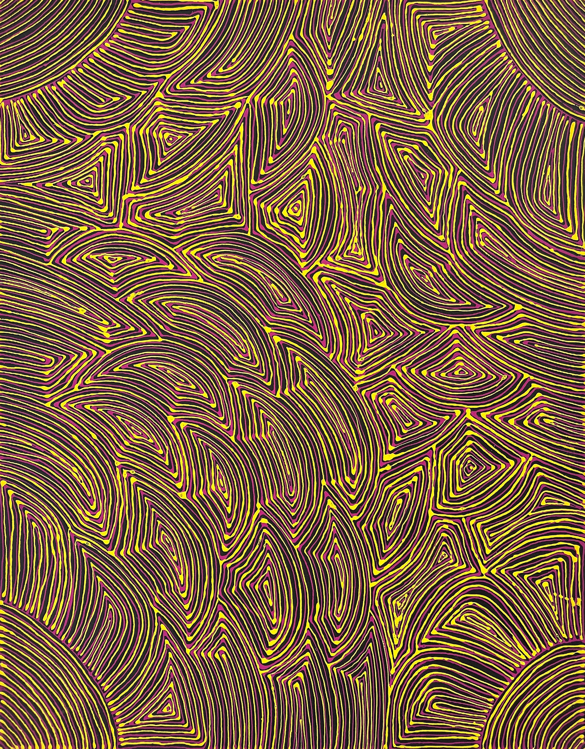 Marcie Turner Petyarre, Marcia Turner Pula, Utopia, Awelye, Body Paint, Women’s dreaming, indigenous art, aboriginal art, Australian art, art, art for sale, art gallery, painting, painting for sale, Darwin gallery, wall art, art décor, interior decorator, interior décor, altyerre aboriginal art, family business, ethical art, original art, direct from the artist, petyarre, linear, mesmerising painting, optical illusion