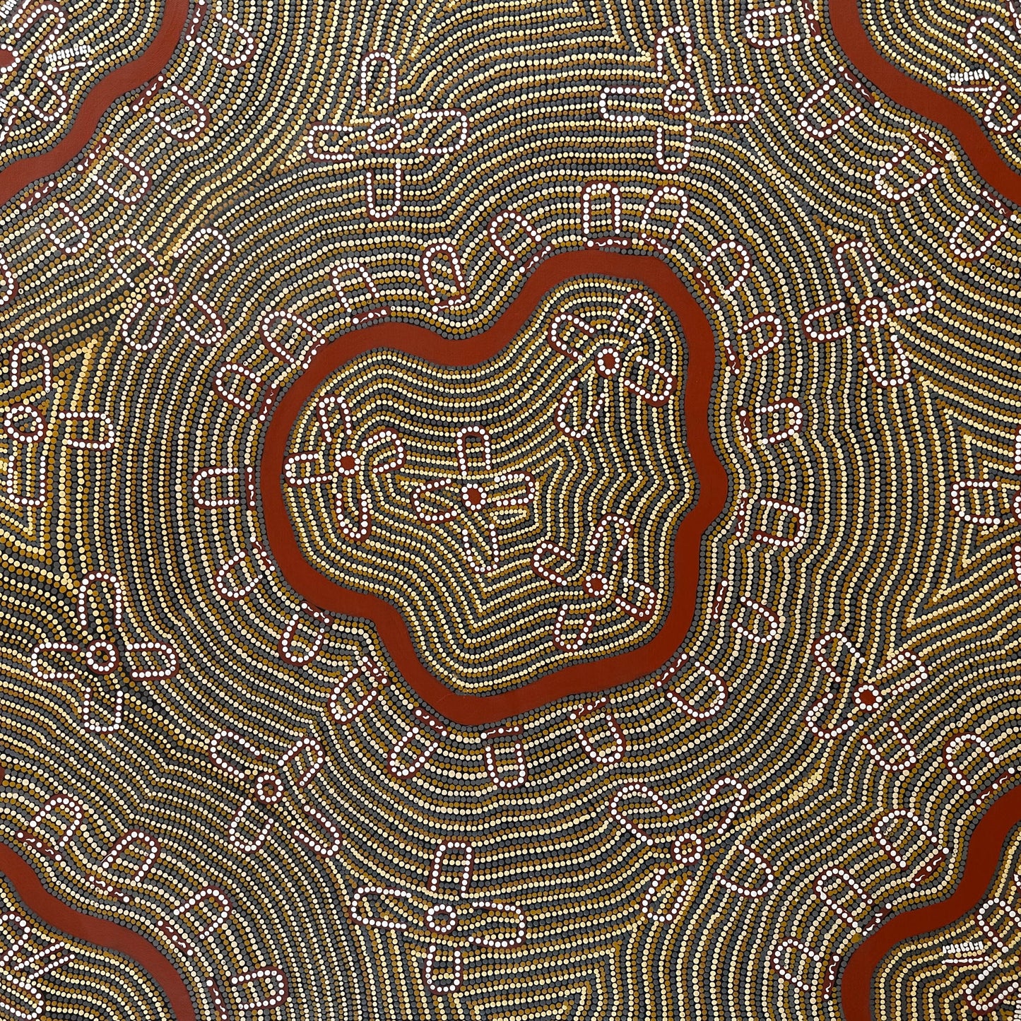 Nancy Martin Napangardi + Water Dreaming + Warlpiri + Indigneous Art + Aboriginal Art + Australian Art + Darwin Based Gallery + Dot Art Painting + Ochre Colours + Women