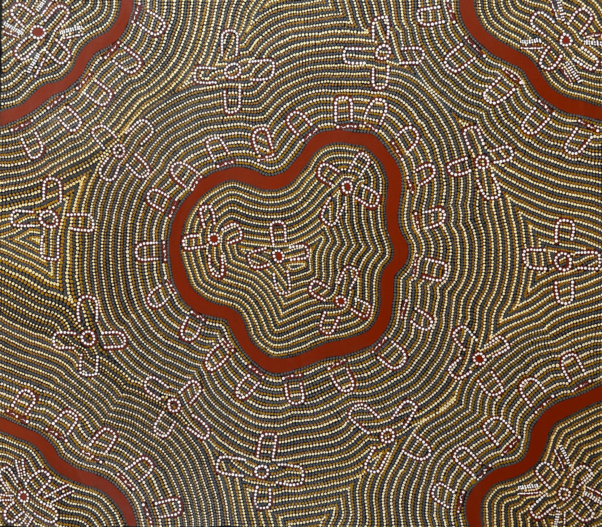 Nancy Martin Napangardi + Water Dreaming + Warlpiri + Indigneous Art + Aboriginal Art + Australian Art + Darwin Based Gallery + Dot Art Painting + Ochre Colours + Women