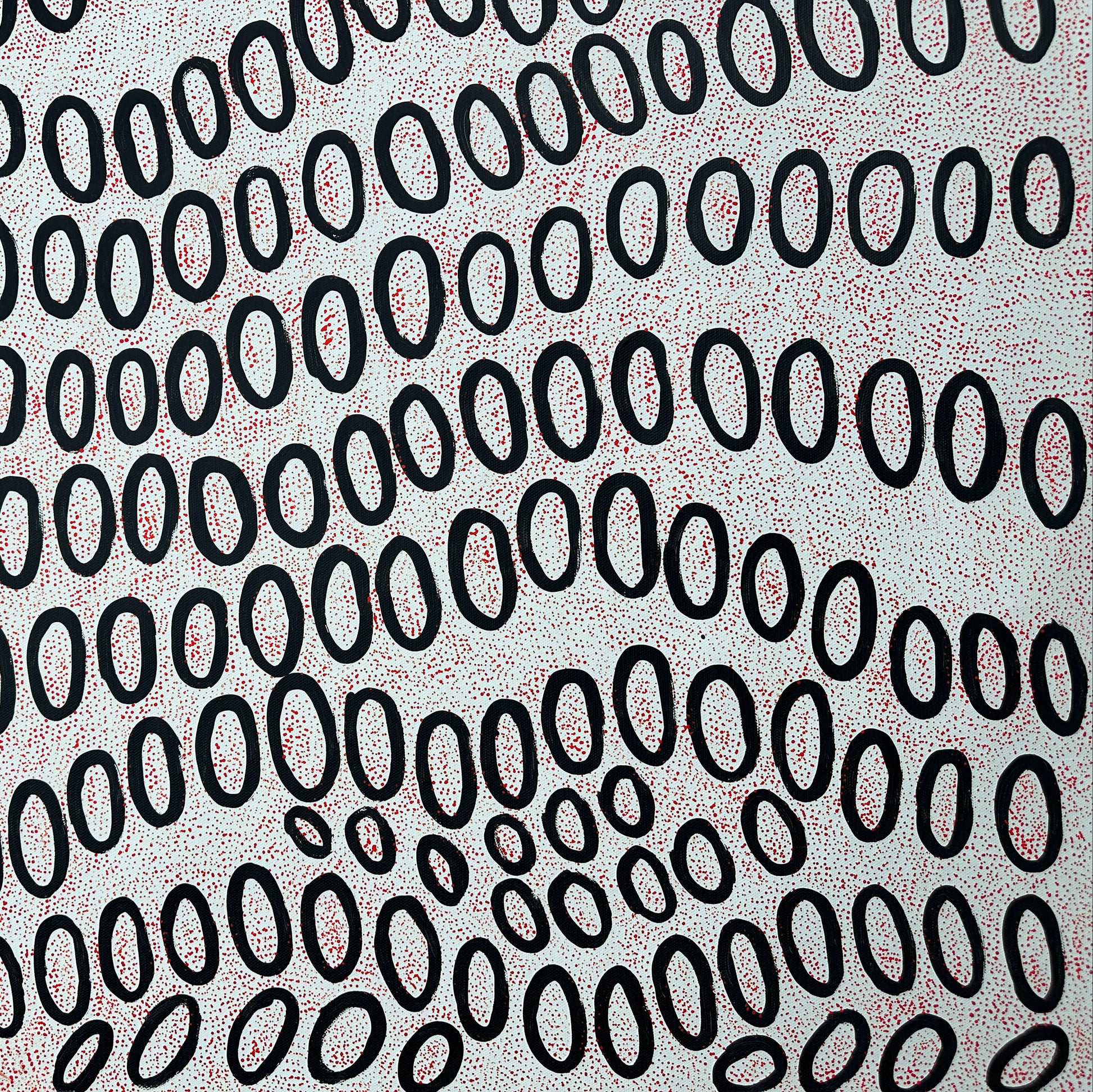 Ngoia pollard napaltjarri, indigenous art, aboriginal art, Australian art, altyerre aboriginal art, art for sale, painting, painting for sale, swamps, swamps at nyrripi, haasts bluff, Walpiri, art gallery, contemporary art, Darwin gallery, family owned business, aboriginal culture, native Australian, artist, white, black, red, dot painting, dot art, art collector, original art, ethical art, direct from the artis, dreaming, dreamtime, story telling, indigenous culture, indigenous australia, first nations  
