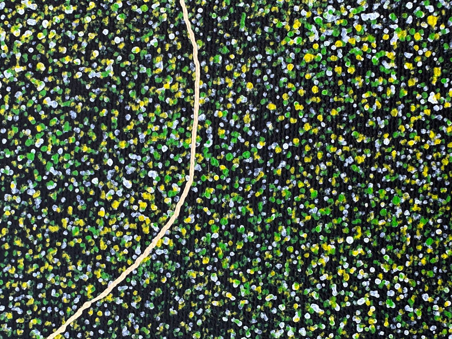 Polly Nelson Nangala Ngale Ngal + Utopia + Indigneous Art + Aboriginal Art + Australian Art + Dot Painting + Dot artwork + Green + yellow + Bush Plum Dreaming + Famous Artist + Aerial Art + Darwin Based Gallery