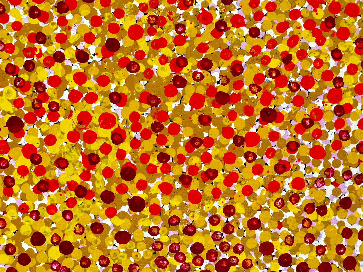 Polly Nelson Nangala + Utopia + Dot Art Painting + Dot artwork + art for sale + painting for sale + artwork for sale + indigenous art + aboriginal art + Australian art + altyerre aboriginal art gallery + orange + yellow + white + mustard + orchre colours + bush plum dreaming + darwin based gallery