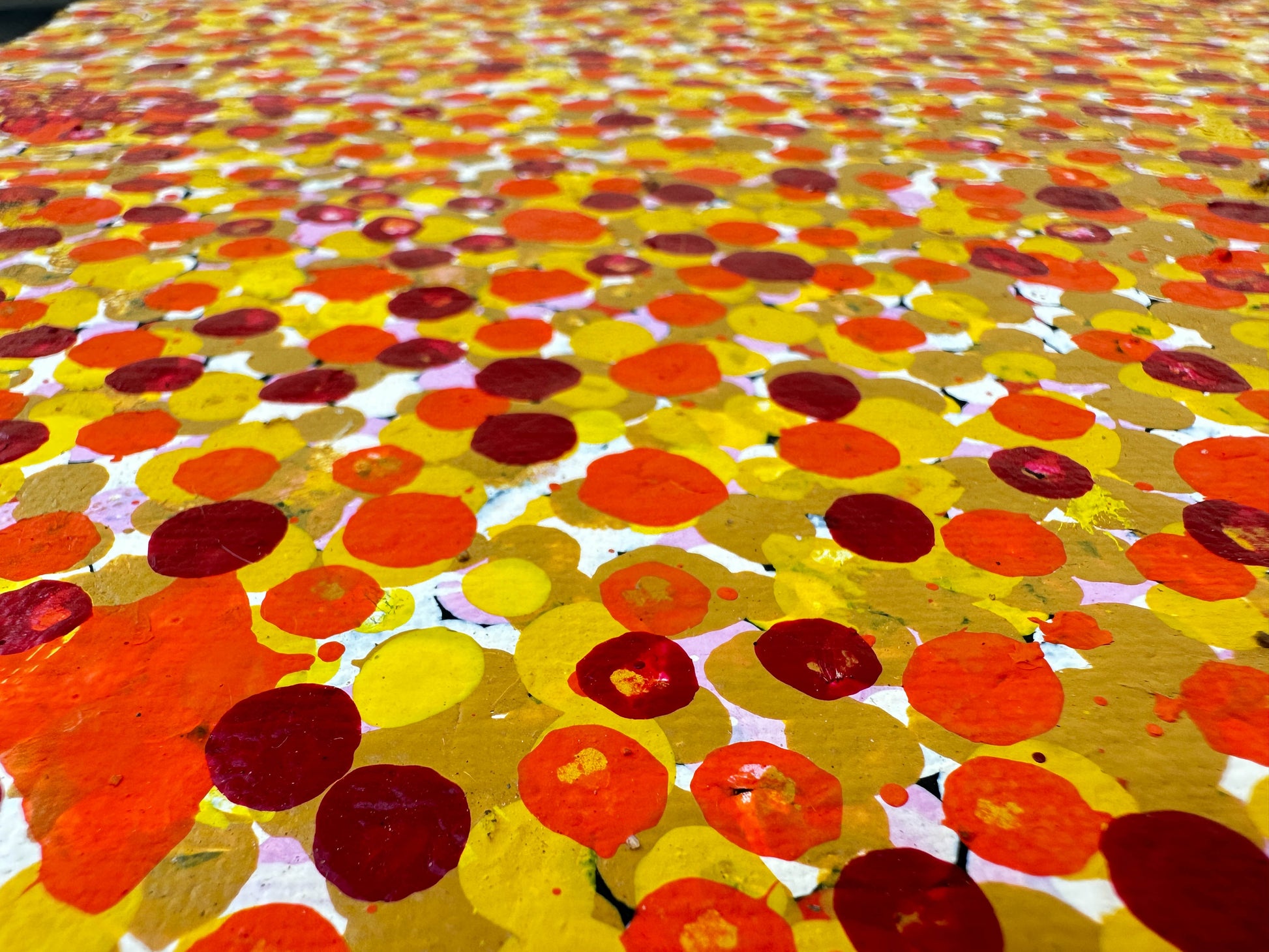 Polly Nelson Nangala + Utopia + Dot Art Painting + Dot artwork + art for sale + painting for sale + artwork for sale + indigenous art + aboriginal art + Australian art + altyerre aboriginal art gallery + orange + yellow + white + mustard + orchre colours + bush plum dreaming + darwin based gallery