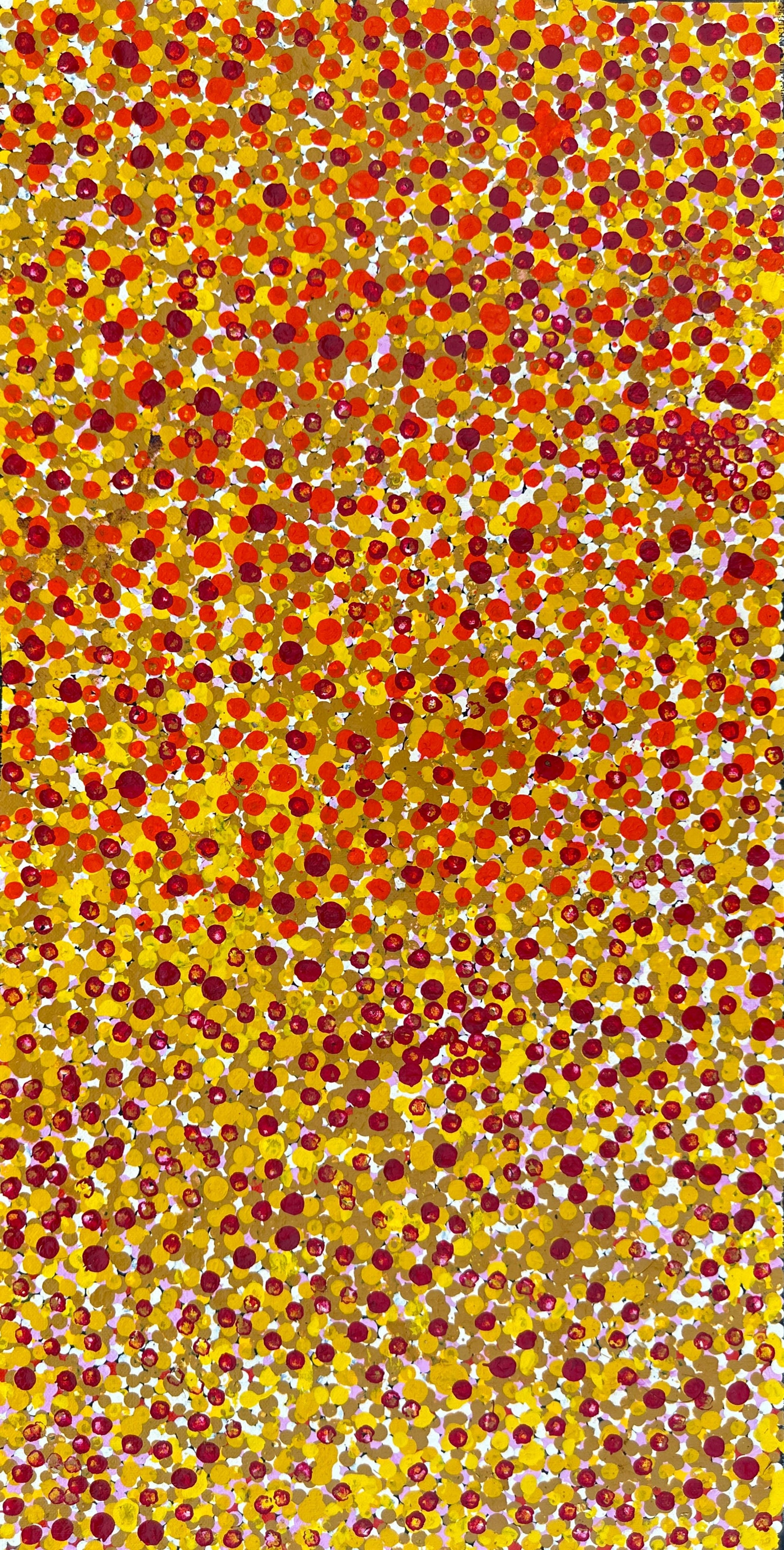 Polly Nelson Nangala + Utopia + Dot Art Painting + Dot artwork + art for sale + painting for sale + artwork for sale + indigenous art + aboriginal art + Australian art + altyerre aboriginal art gallery + orange + yellow + white + mustard + orchre colours + bush plum dreaming + darwin based gallery