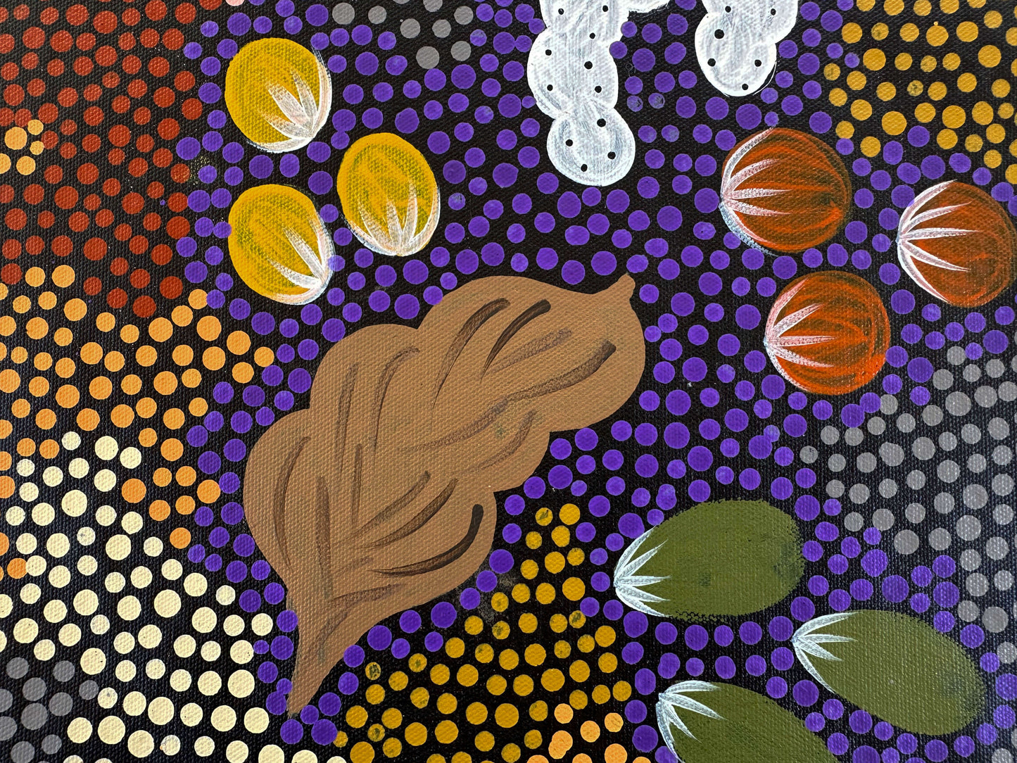 Patsy Ross + Ti Tree + Indigenous Art + Aboriginal Art + Australian Art + Bush Tucker + Dreaming + Witchetty Grub + Bush Berries + Bush Banana + Bush Tomato + Darwin Based Gallery + Dot Art Painting + Dot Painting +